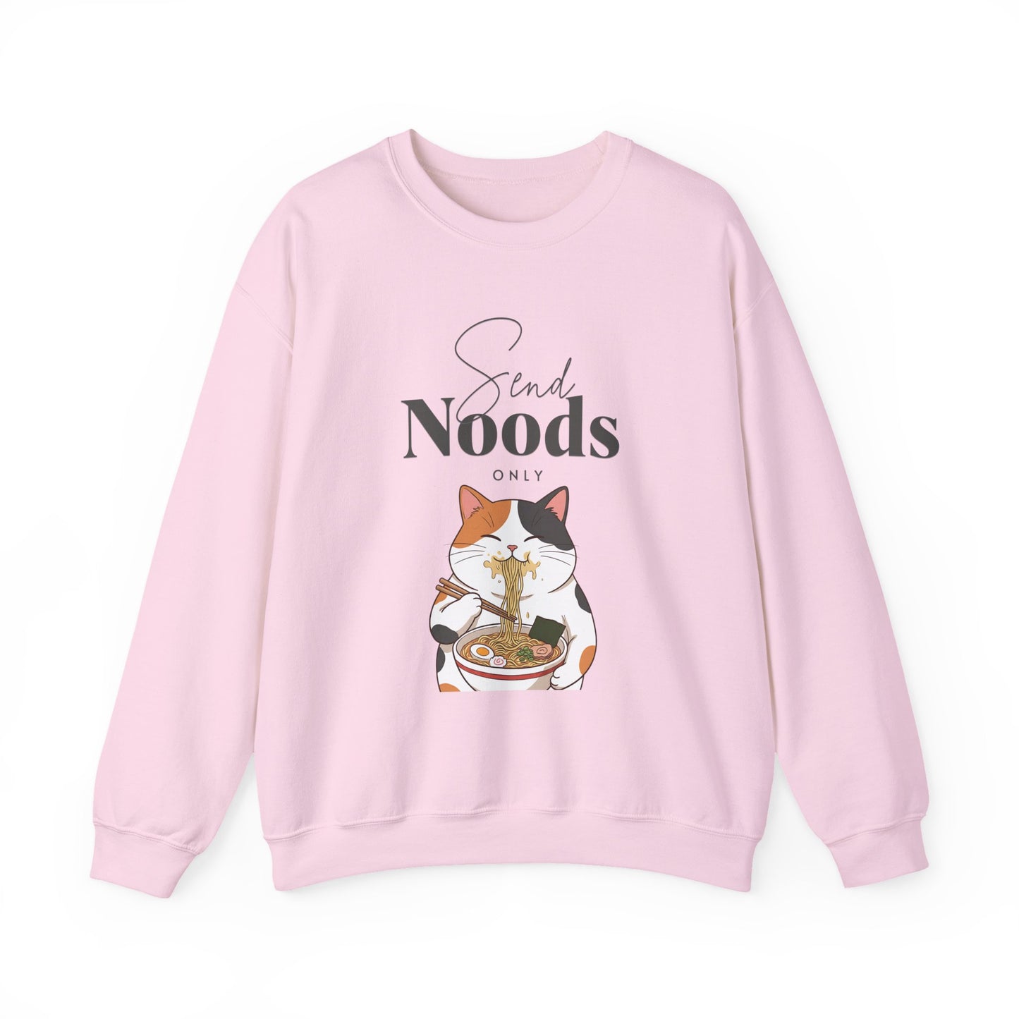 Pink sweatshirt with a cat eating noodles graphic and text on a white background