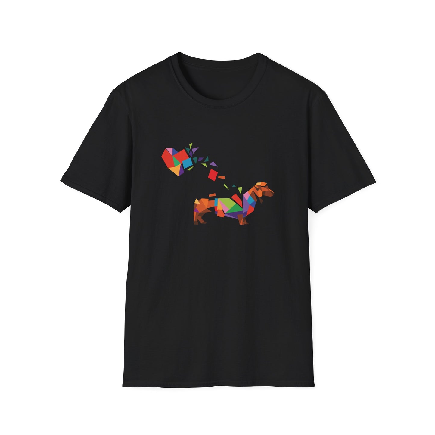 Black t-shirt with a colorful dog design on a white background
