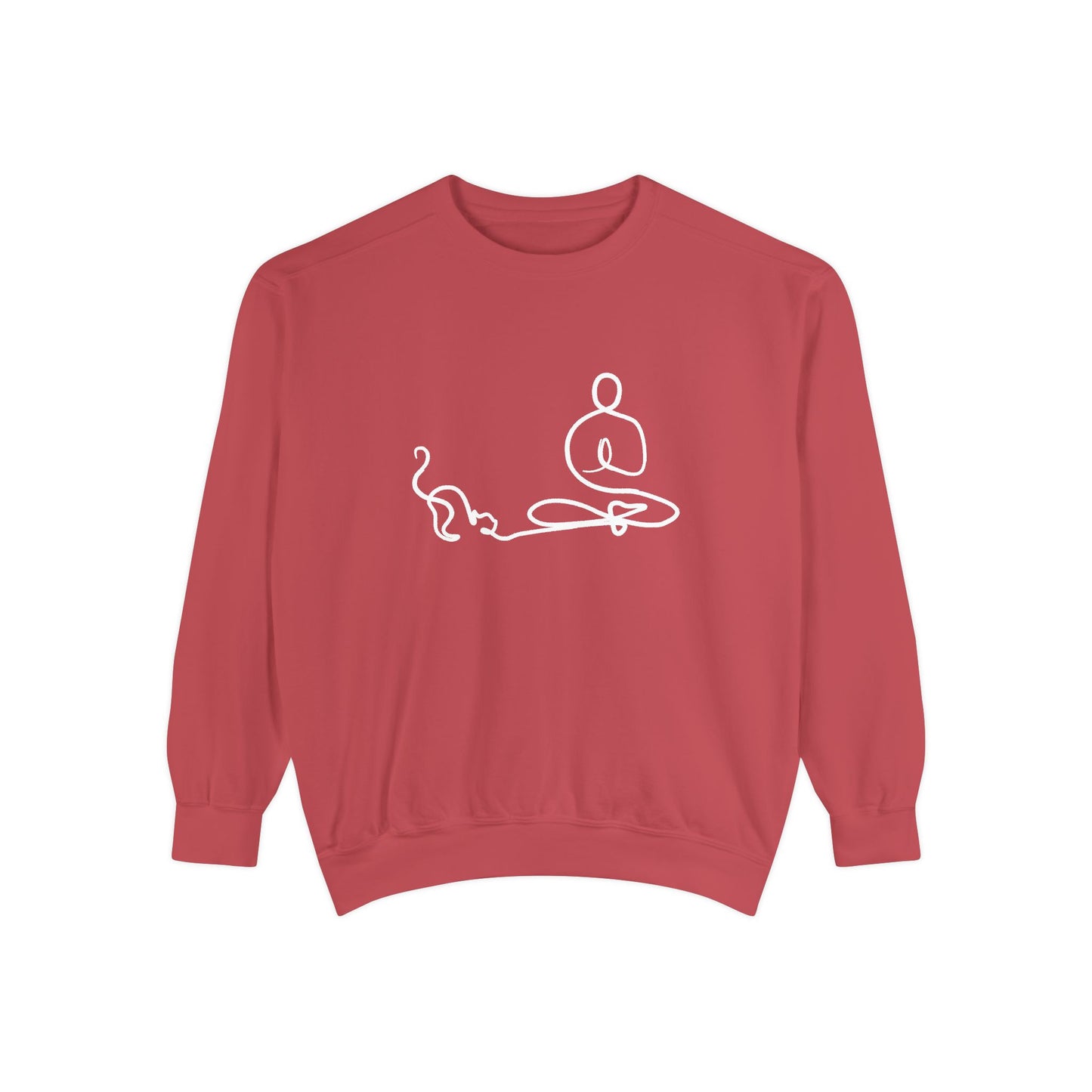 Red sweatshirt with white line art design on a white background