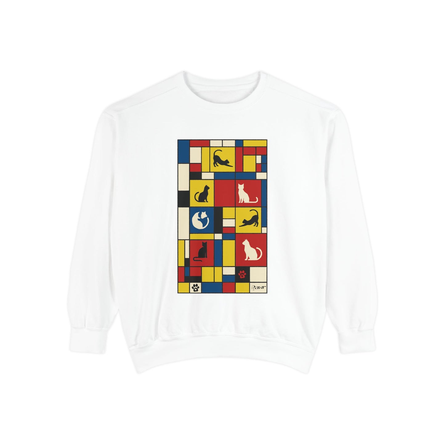 White sweatshirt with colorful geometric pattern featuring cats on a white background