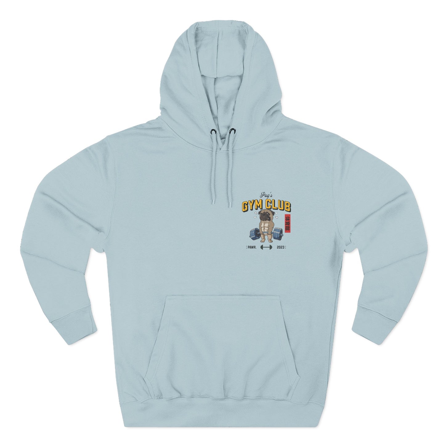 Light blue hoodie with 'Gym Club' graphic on a white background