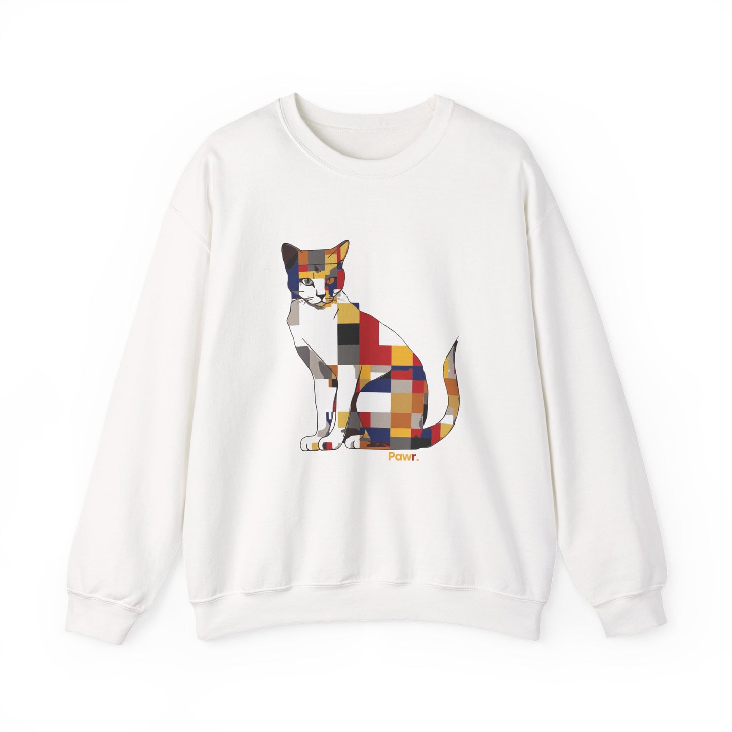 White sweatshirt with a colorful cat graphic on a white background