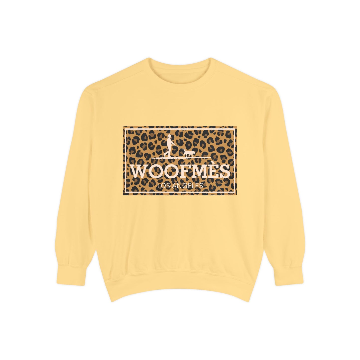 Yellow sweatshirt with a leopard print Woofmes logo on a white background