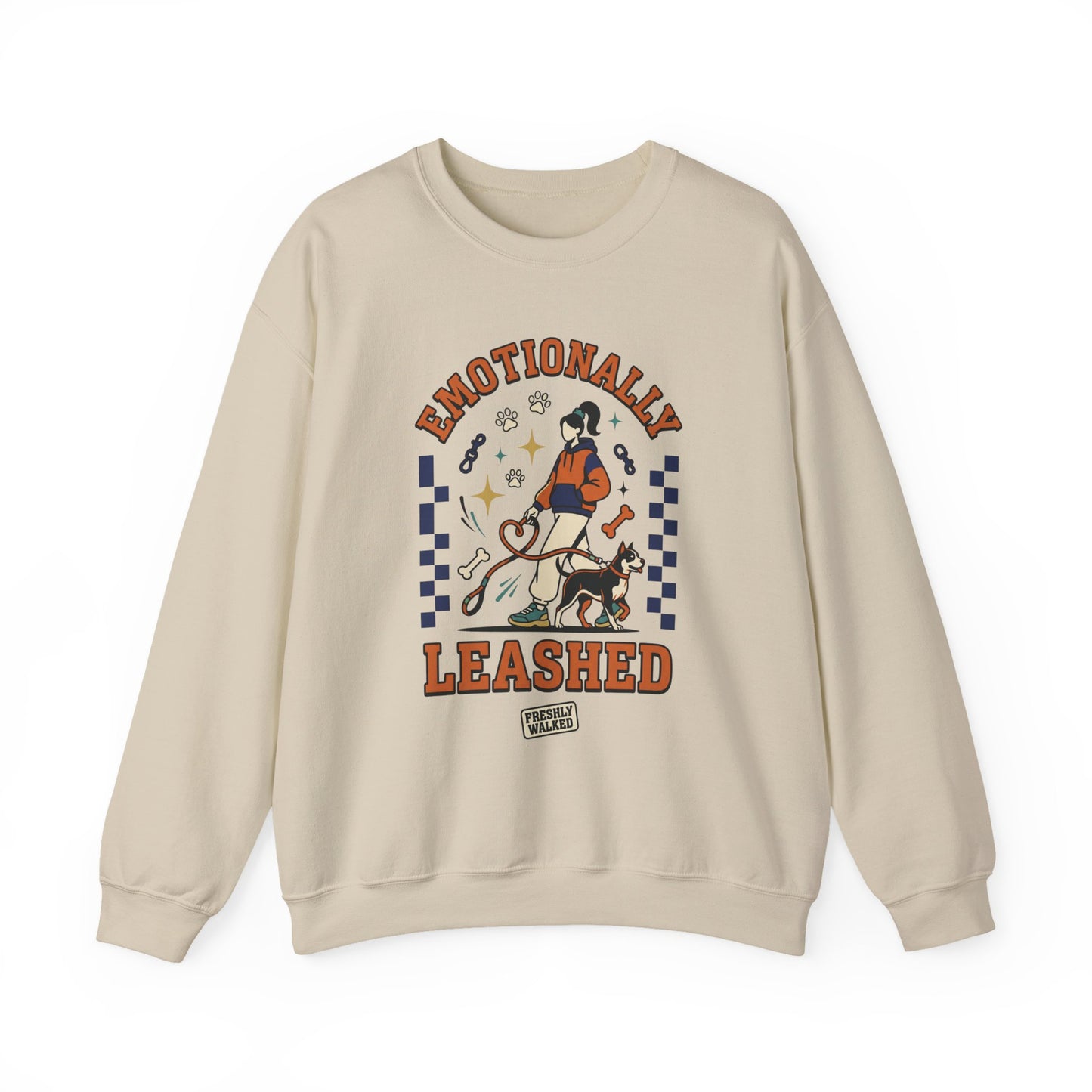 Beige sweatshirt with graphic design and text on a white background for dog lovers