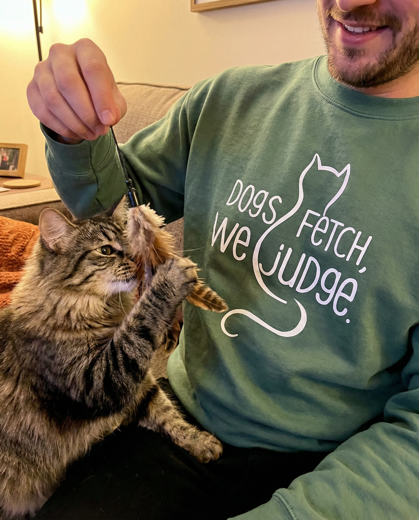 Person wearing a green sweatshirt with a cat graphic and text, interacting with a cat.