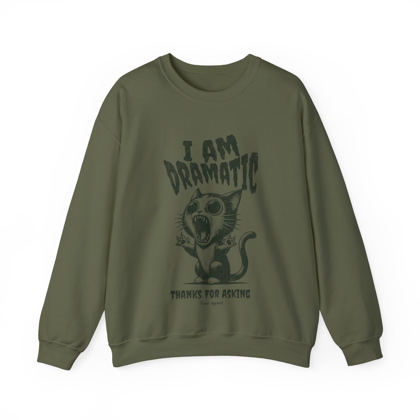 Green sweatshirt with a graphic of a cat and text on a white background