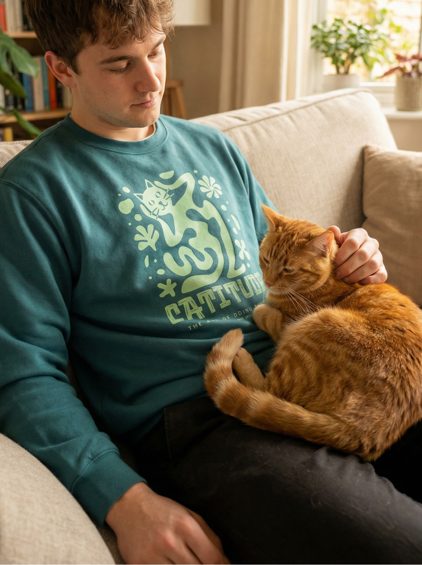 guy wearing catitude shirt playing with his cat
