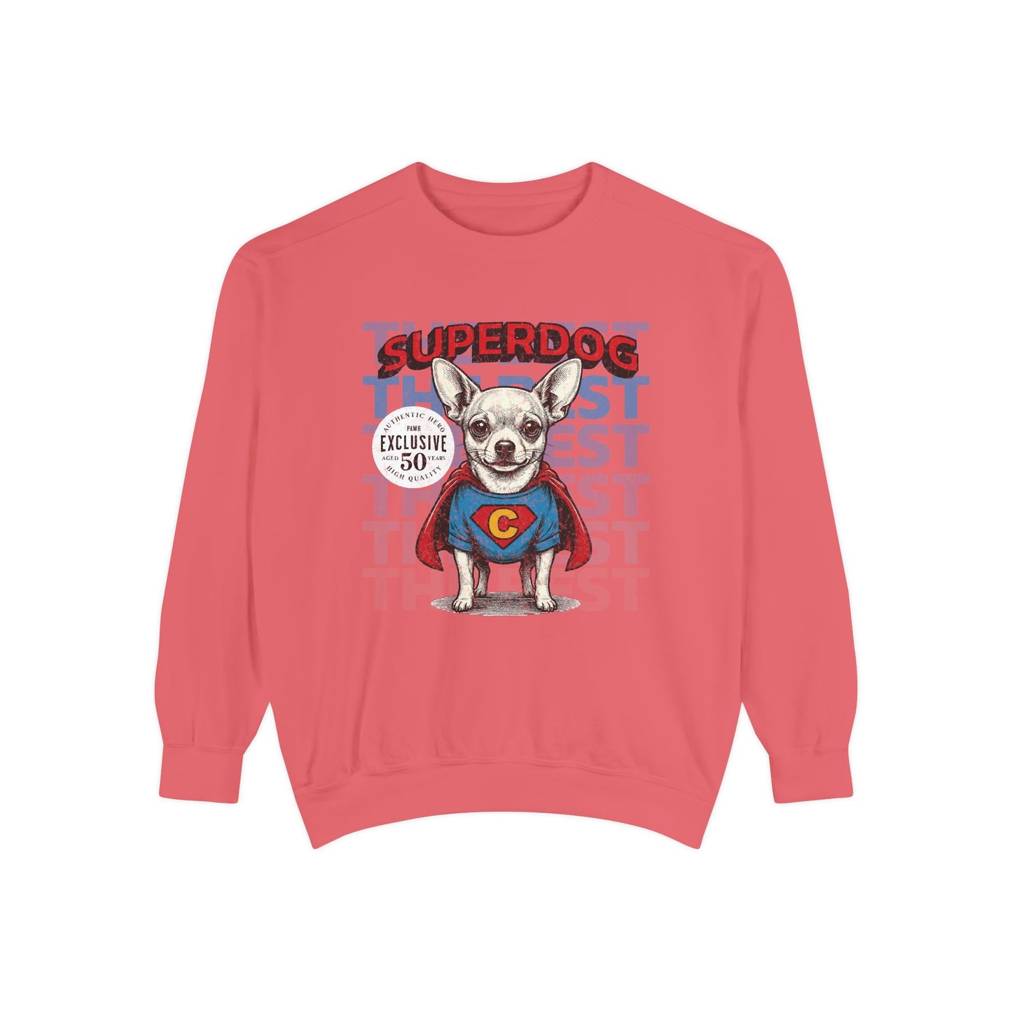 Red sweatshirt with a dog in a superhero costume graphic on a white background