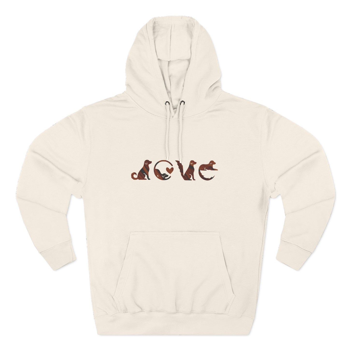 Beige hoodie with 'LOVE' design featuring dogs on a white background