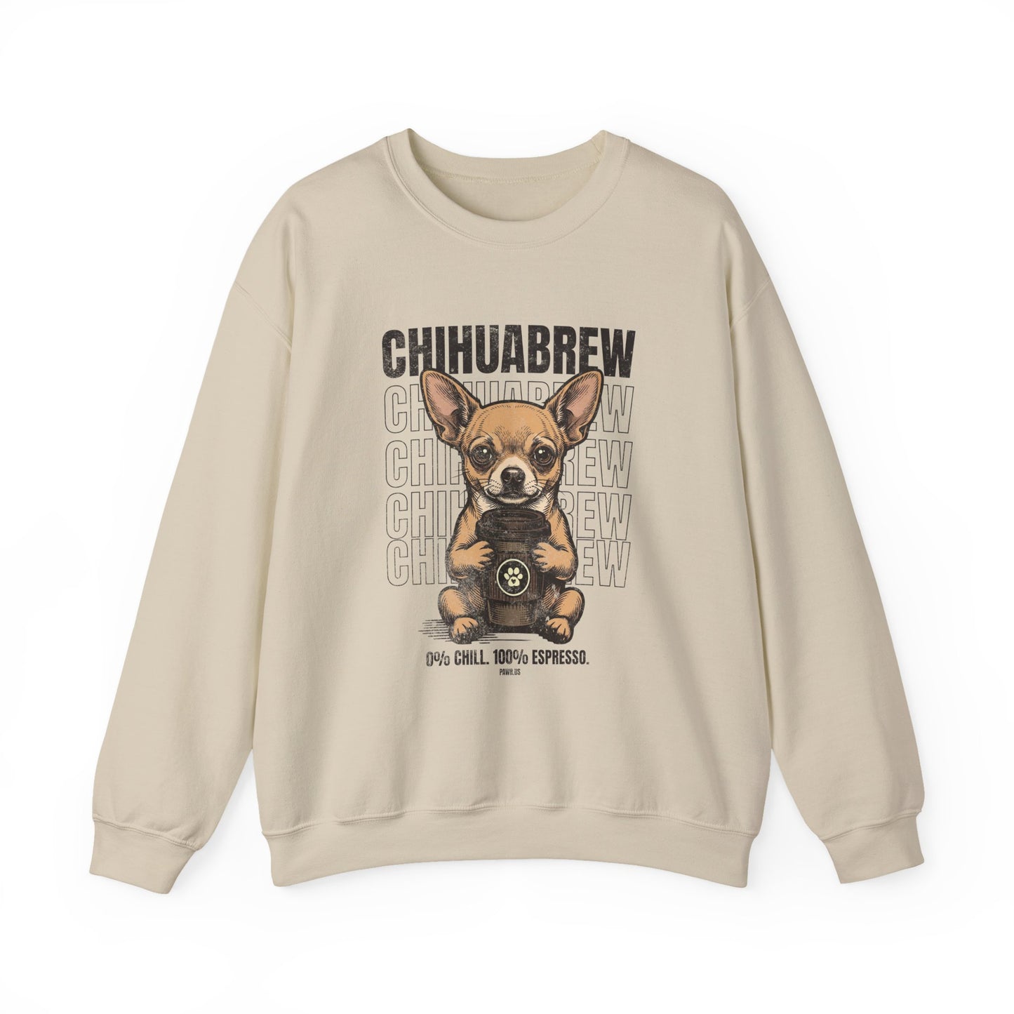 Beige sweatshirt with a dog graphic and 'CHUHUABREW' text on a white background