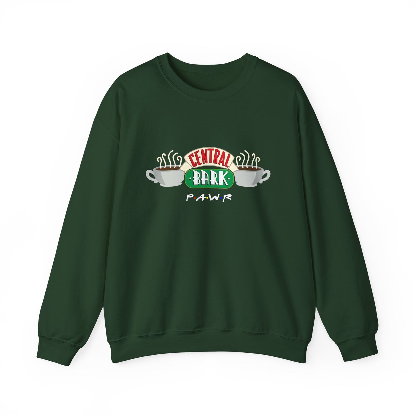 Green sweatshirt with 'Central Bark Pawr' graphic on a white background