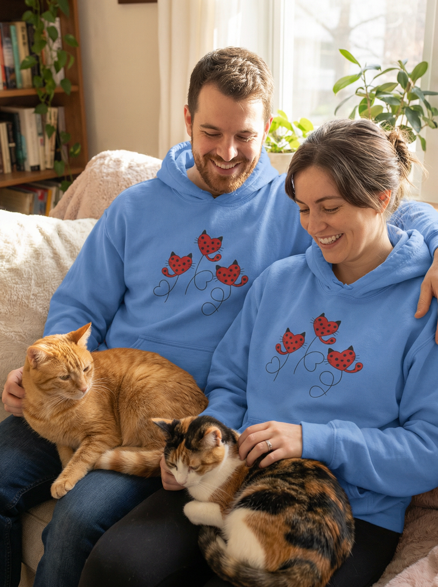 couple at home wearing matching blue hoodies with cute cat design