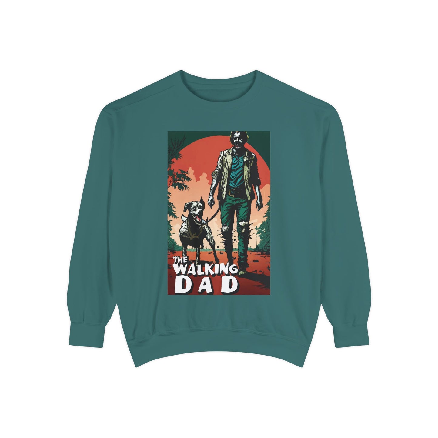 Teal sweatshirt with 'The Walking Dad' graphic design on a white background.Walking Dead theme