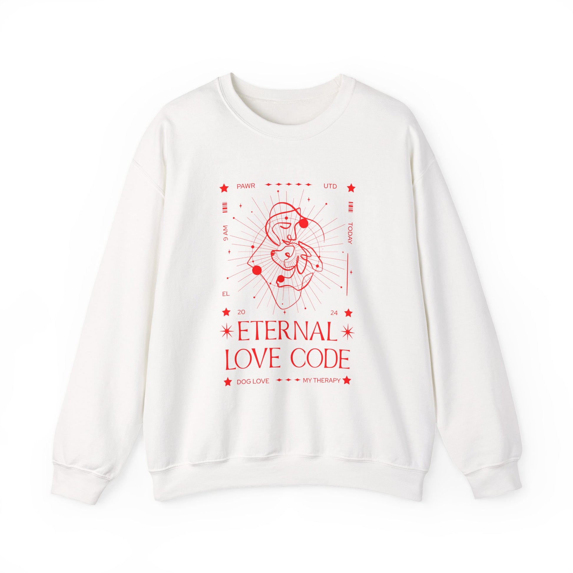 White sweatshirt with red 'Eternal Love Code' design on a white background