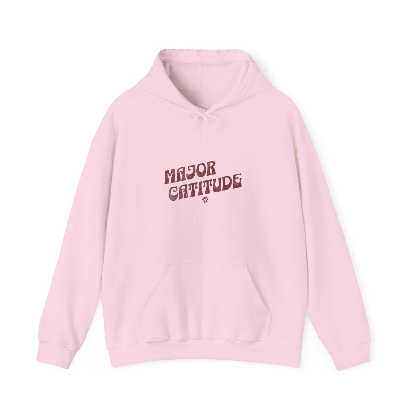 Pink hoodie with 'Major Catitude' text on a white background