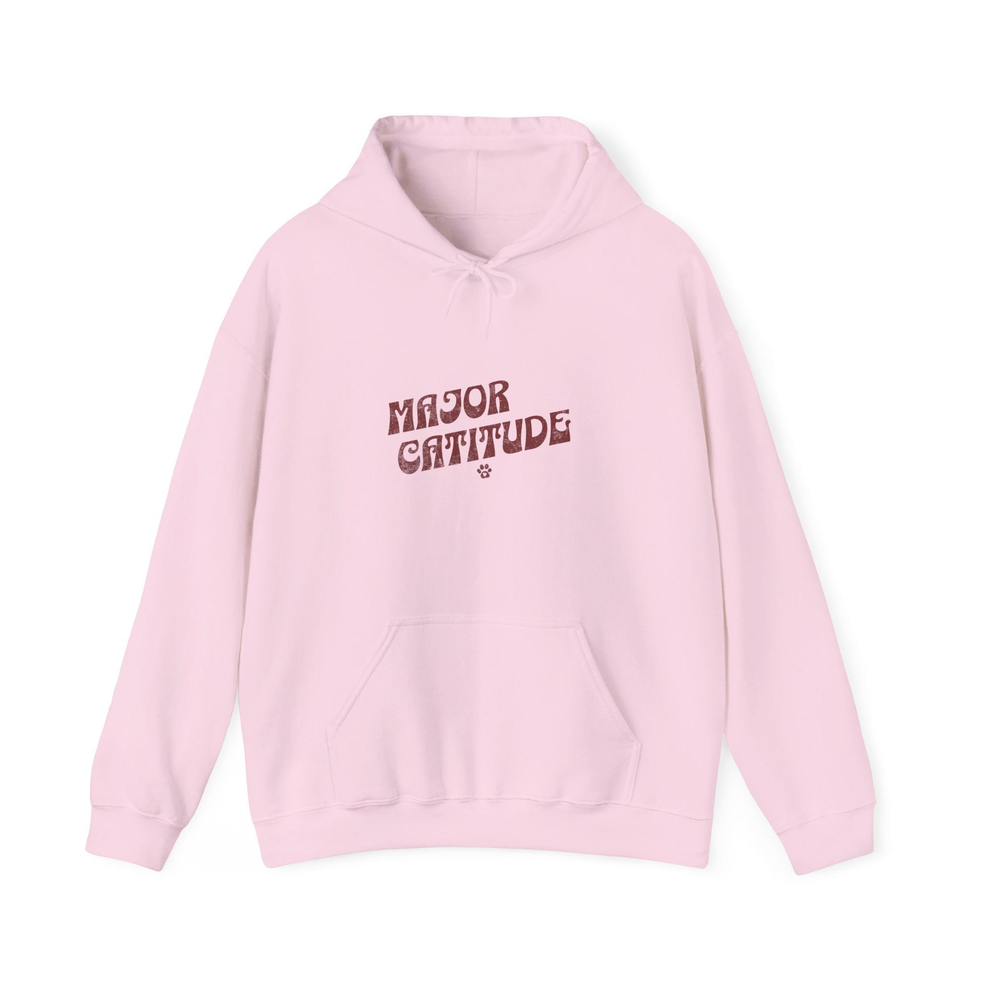 Pink hoodie with 'Major Catitude' text on a white background