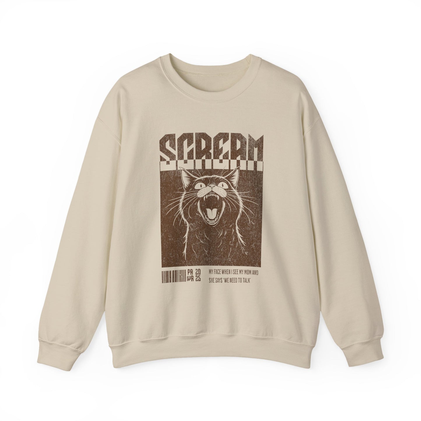 Beige sweatshirt with a graphic design of a cat and text on a white background