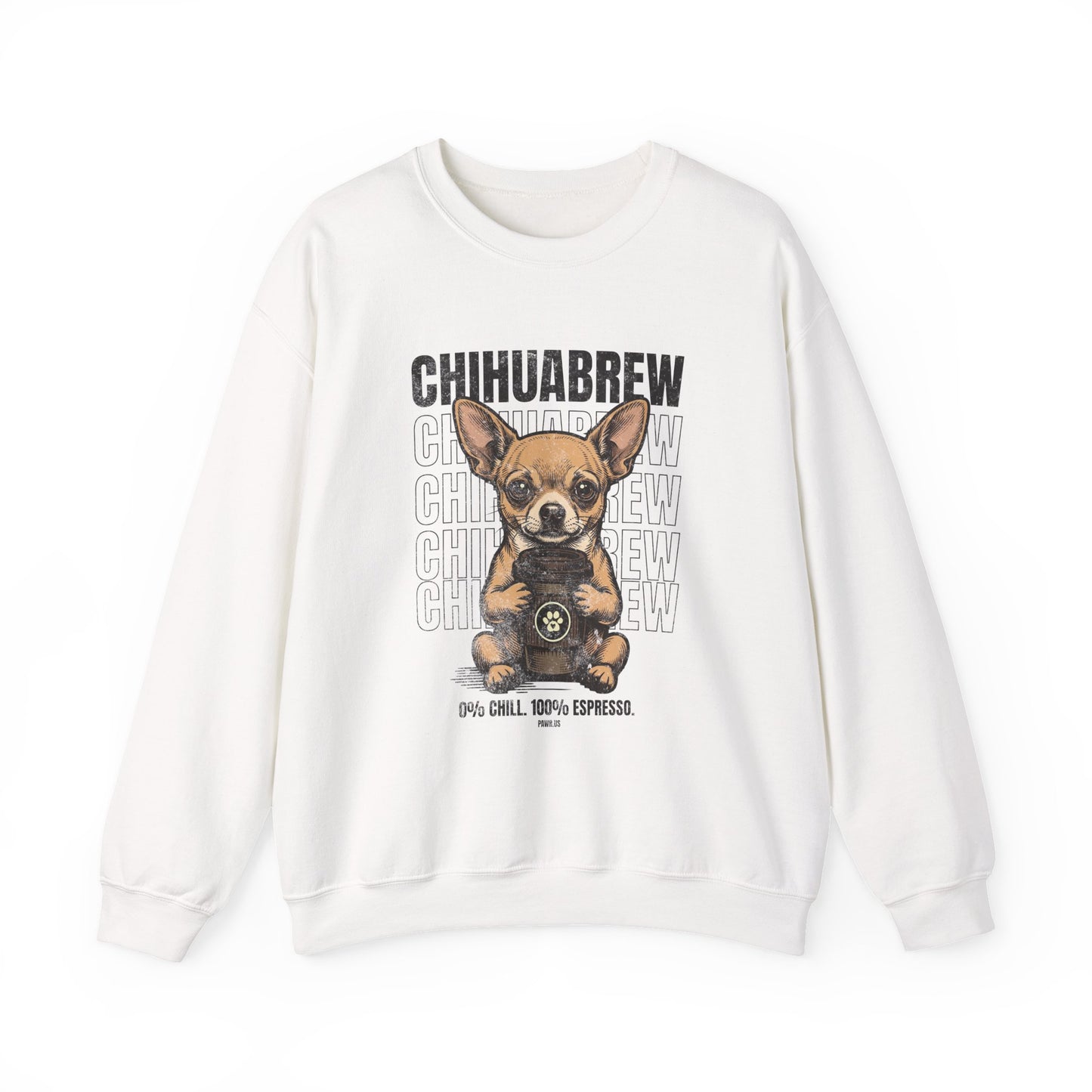 White sweatshirt with a chihuahua graphic and text on a white background