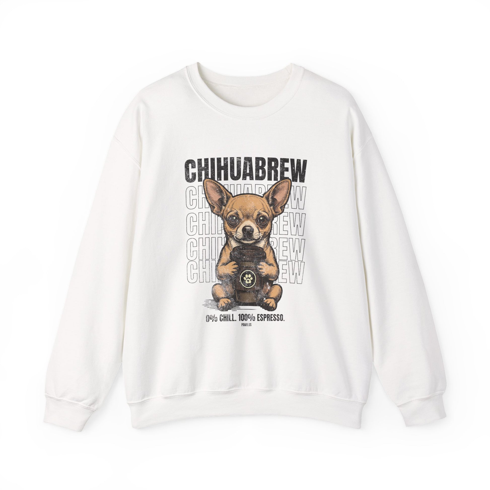 White sweatshirt with a chihuahua graphic and text on a white background