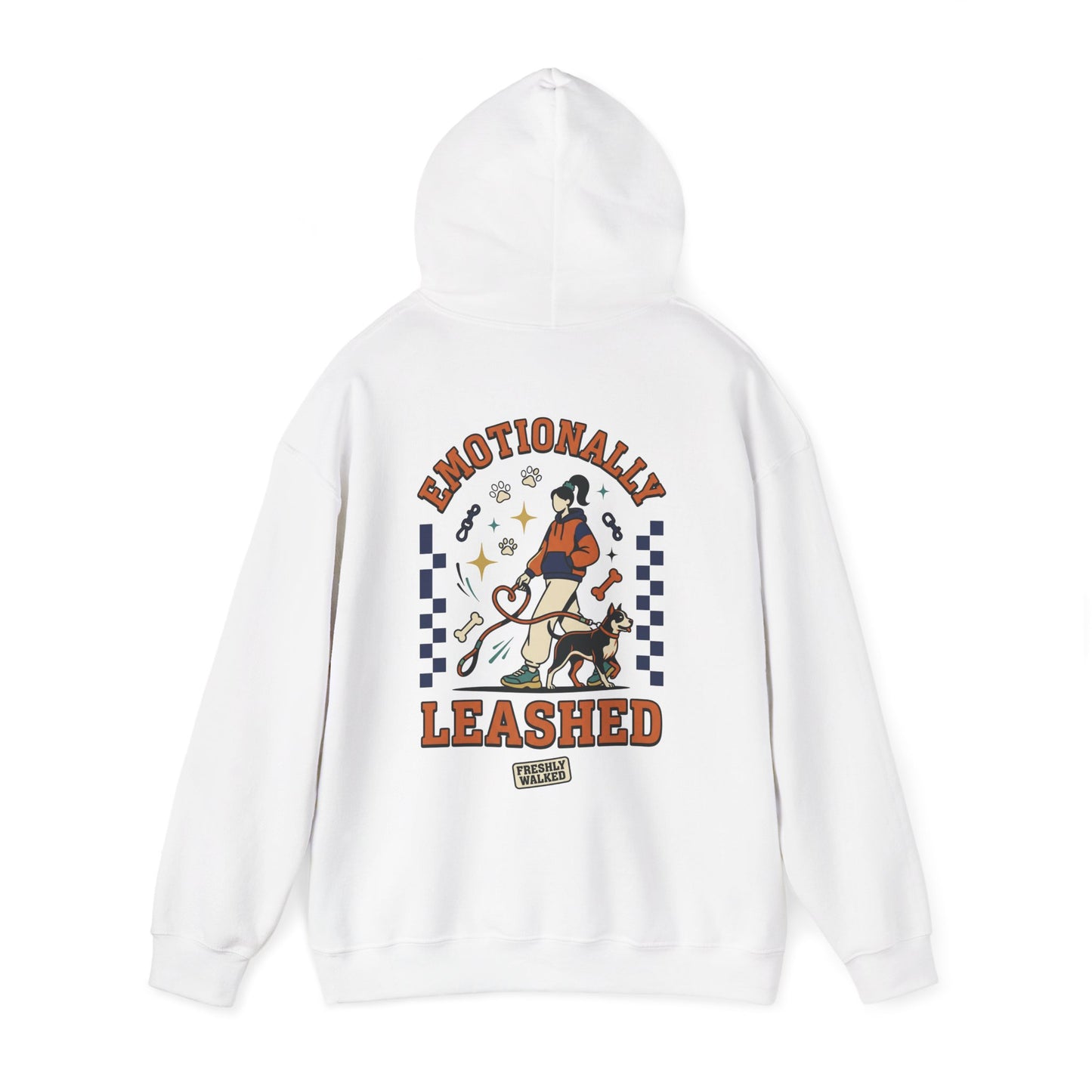 White hoodie with a graphic design on the back featuring text and a person with a dog.