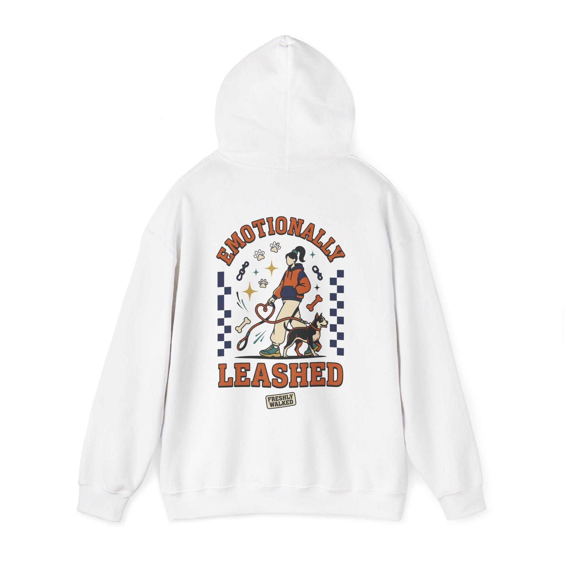 White hoodie with a graphic design on the back featuring text and a person with a dog.