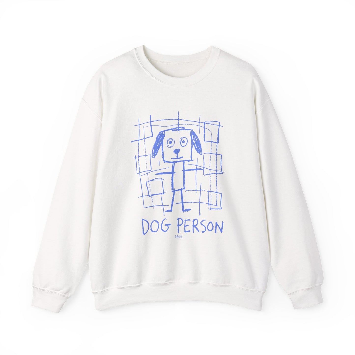 White sweatshirt with blue dog illustration and 'Dog Person' text on a white background