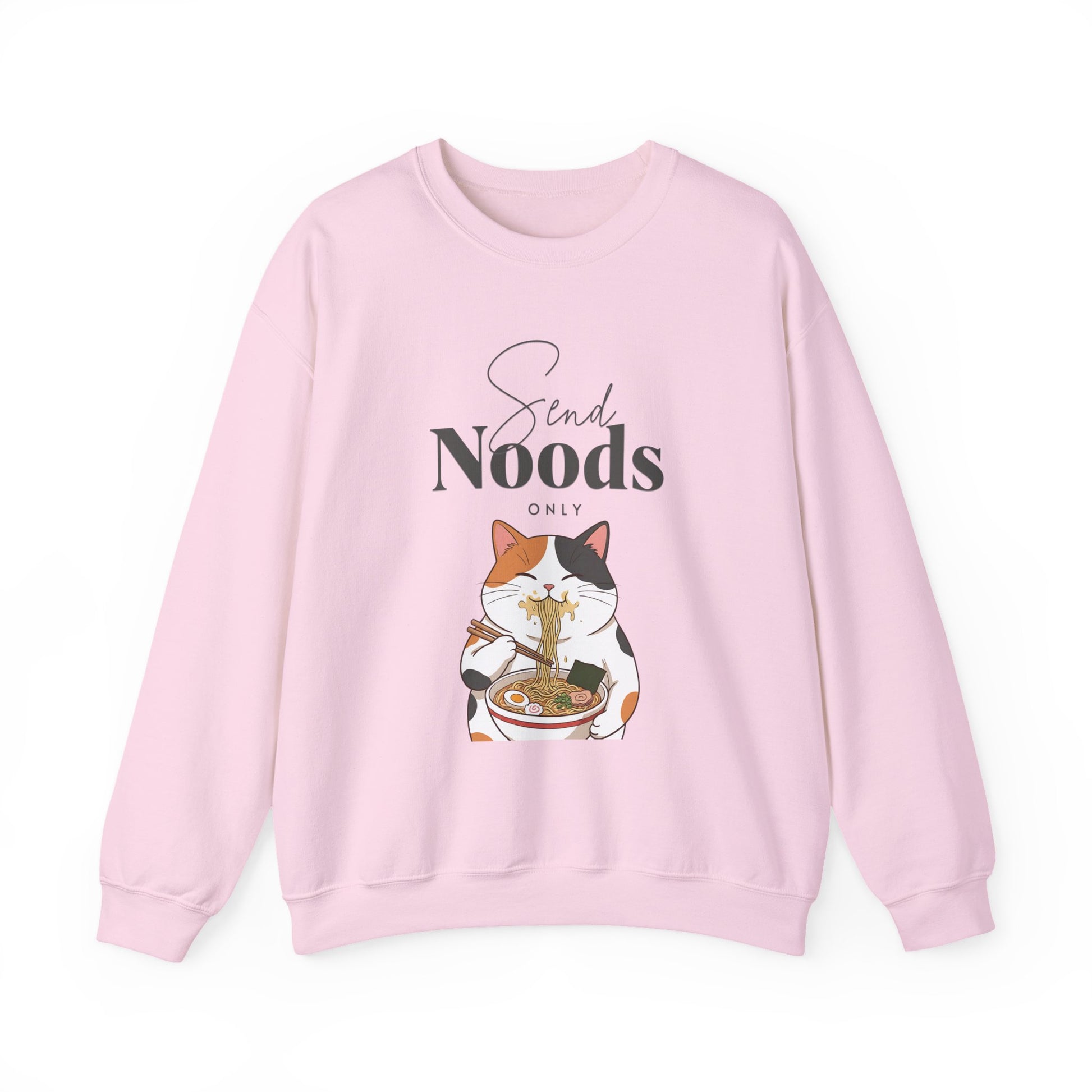 Pink sweatshirt with a cat eating noodles graphic and text on a white background