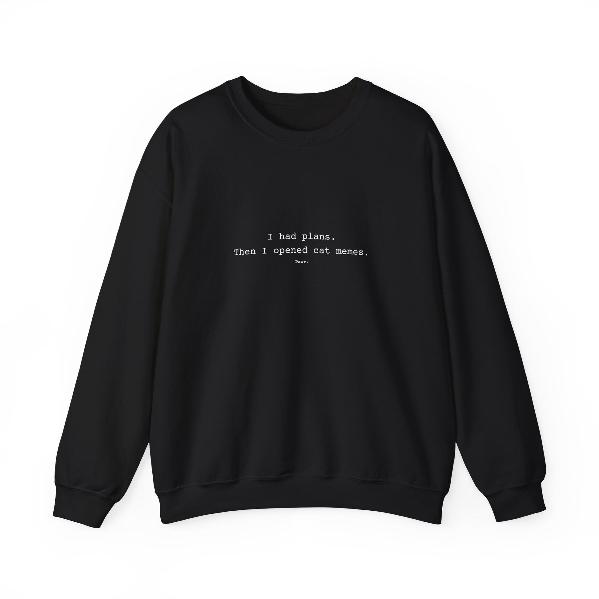 Black sweatshirt with white text on a white background for cat lovers