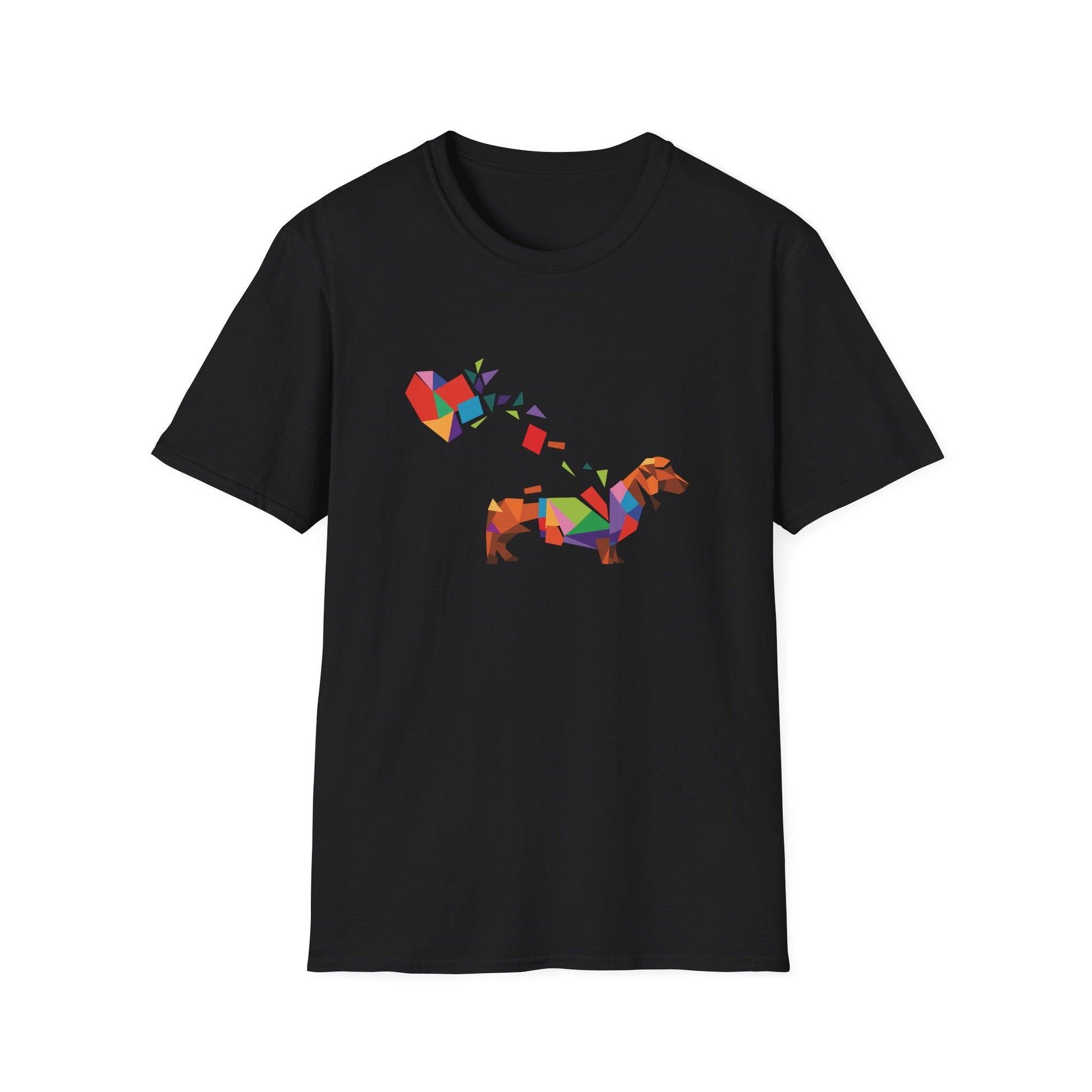Black t-shirt with a colorful dog design on a white background