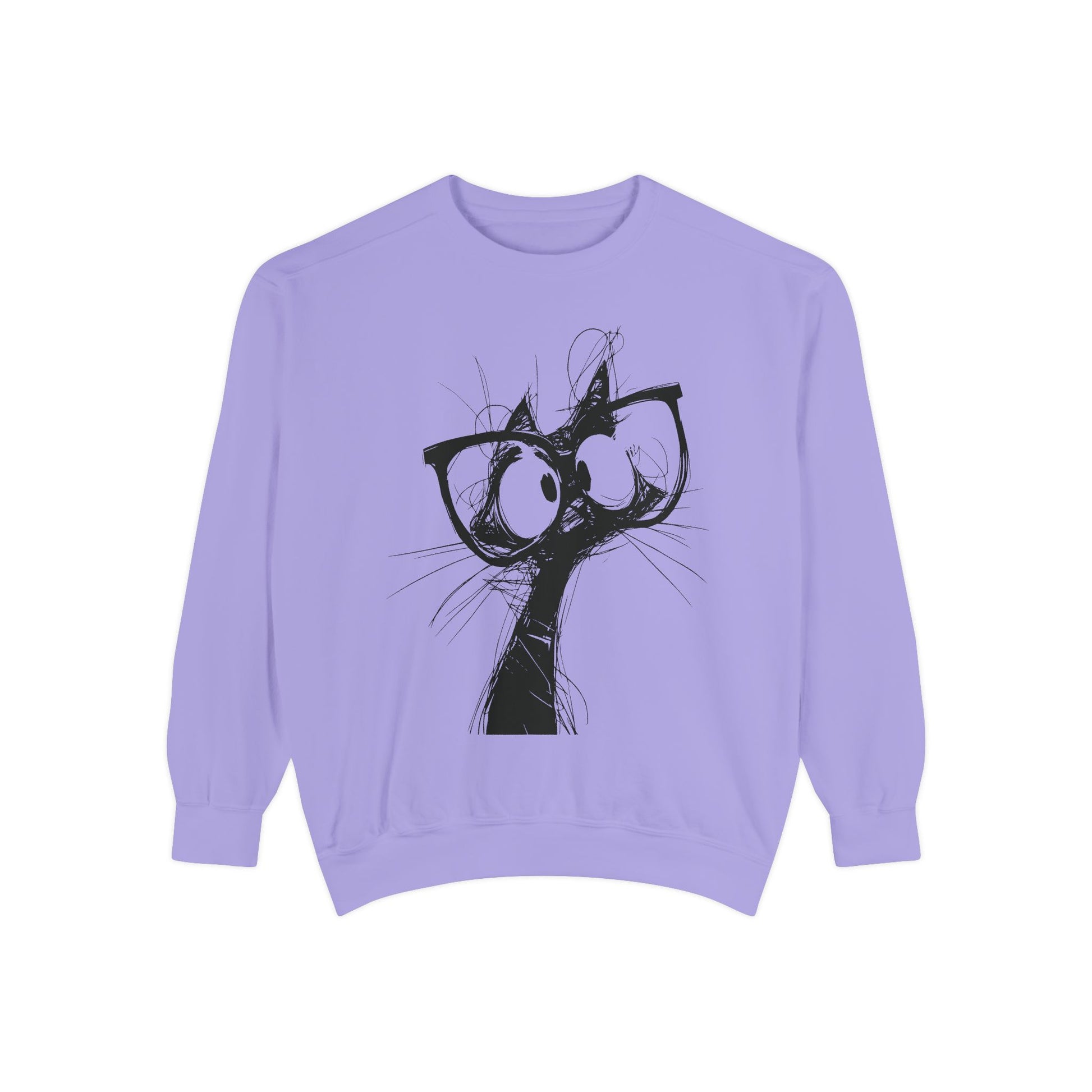 Purple sweatshirt with a black cat graphic on a white background