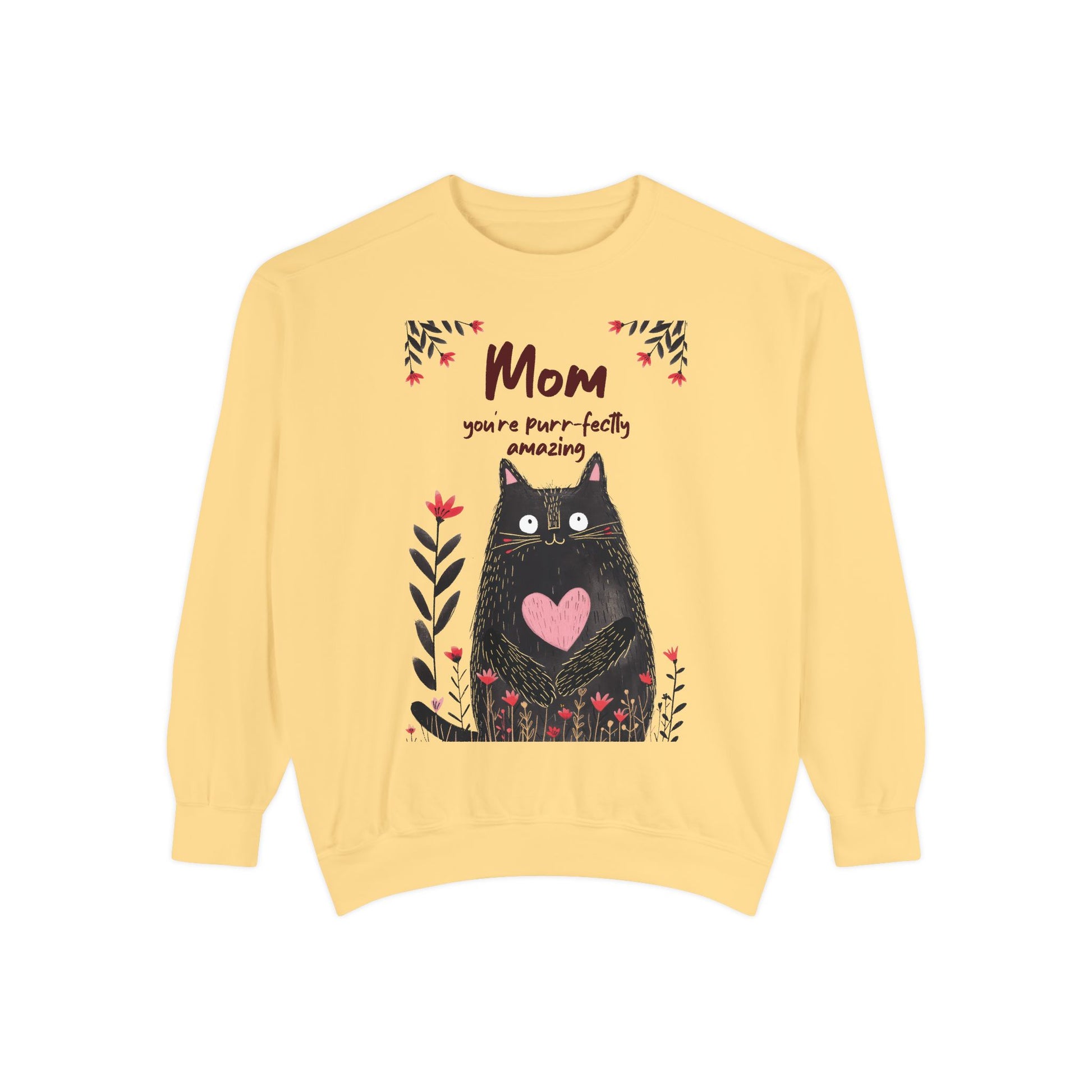 Yellow sweatshirt with a black cat graphic and text on a white background