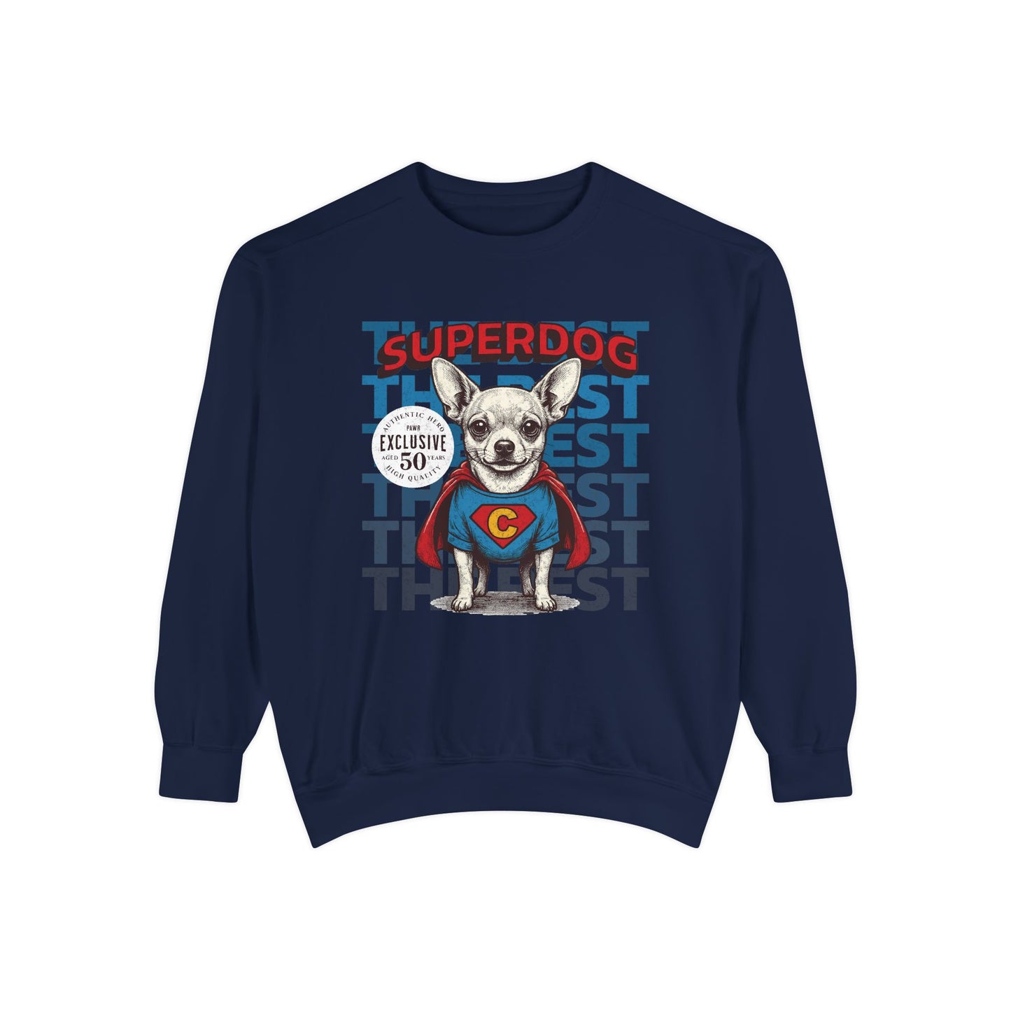 Navy blue sweatshirt with a dog wearing a superhero costume on a white background
