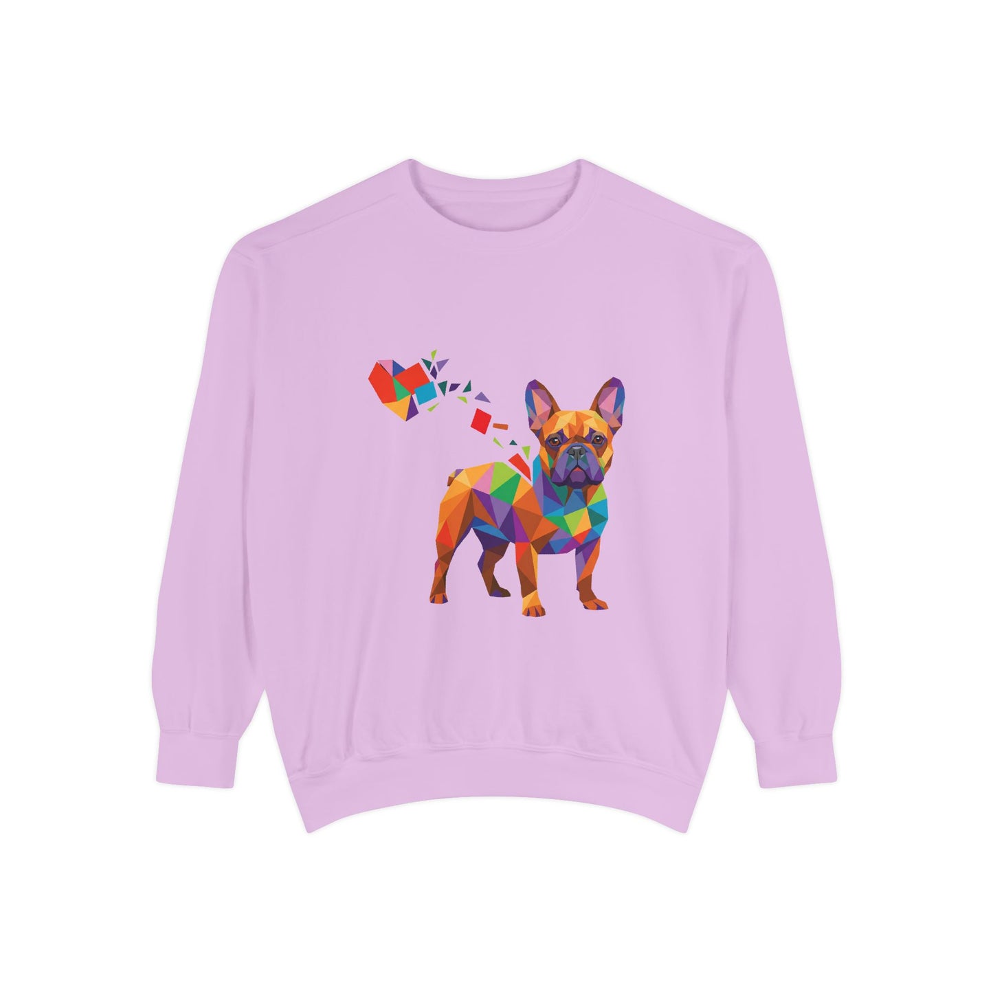 Lavender sweatshirt with a colorful dog graphic on a white background