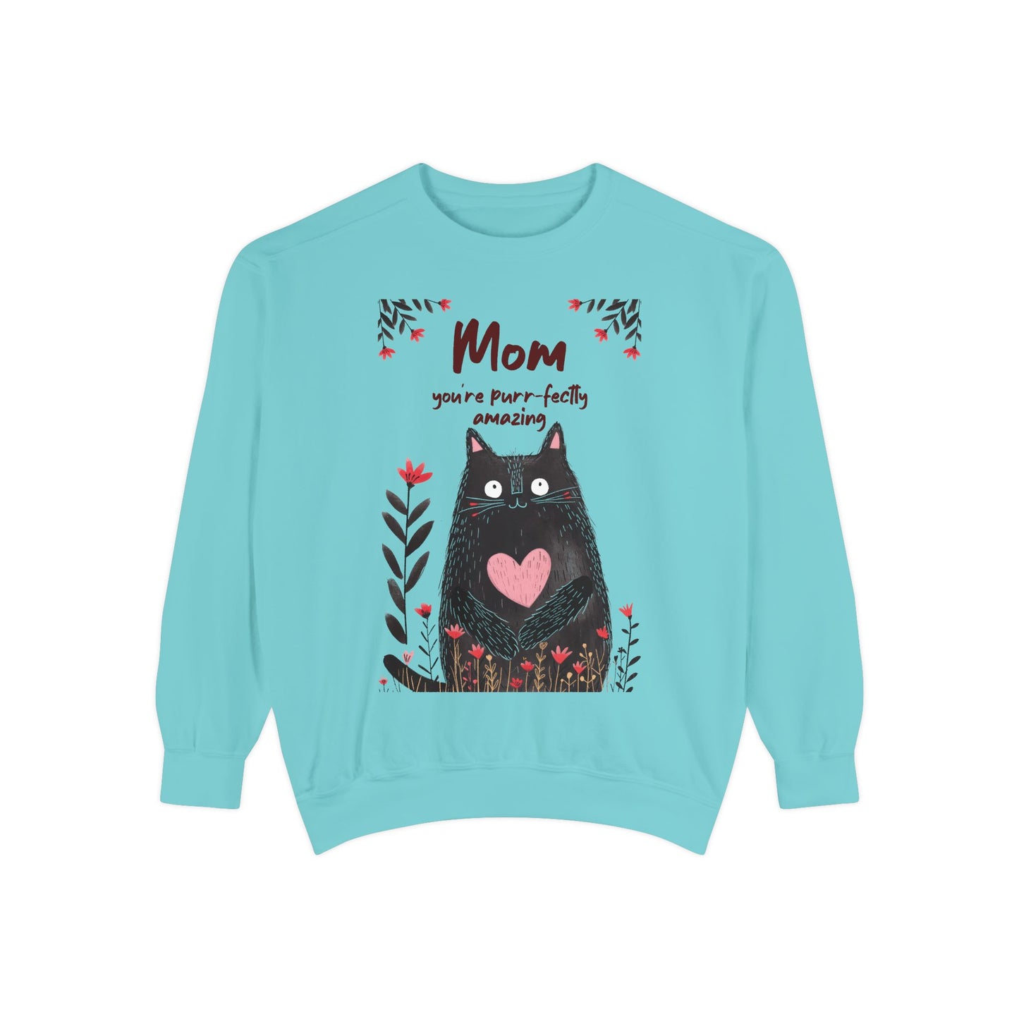 Light blue sweatshirt with a black cat graphic and text on a white background