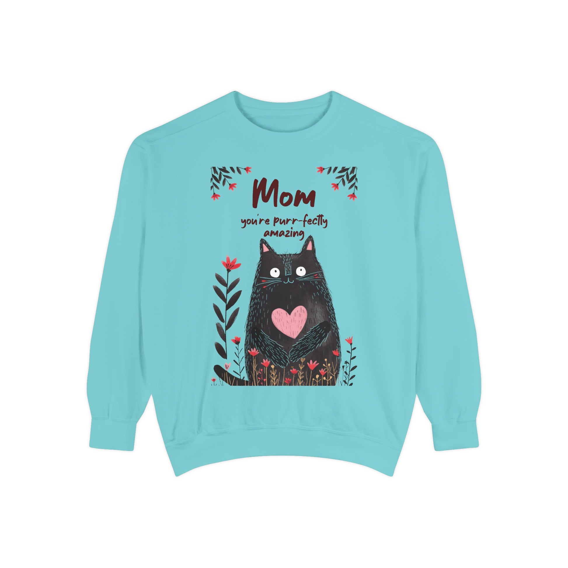 Light blue sweatshirt with a black cat graphic and text on a white background