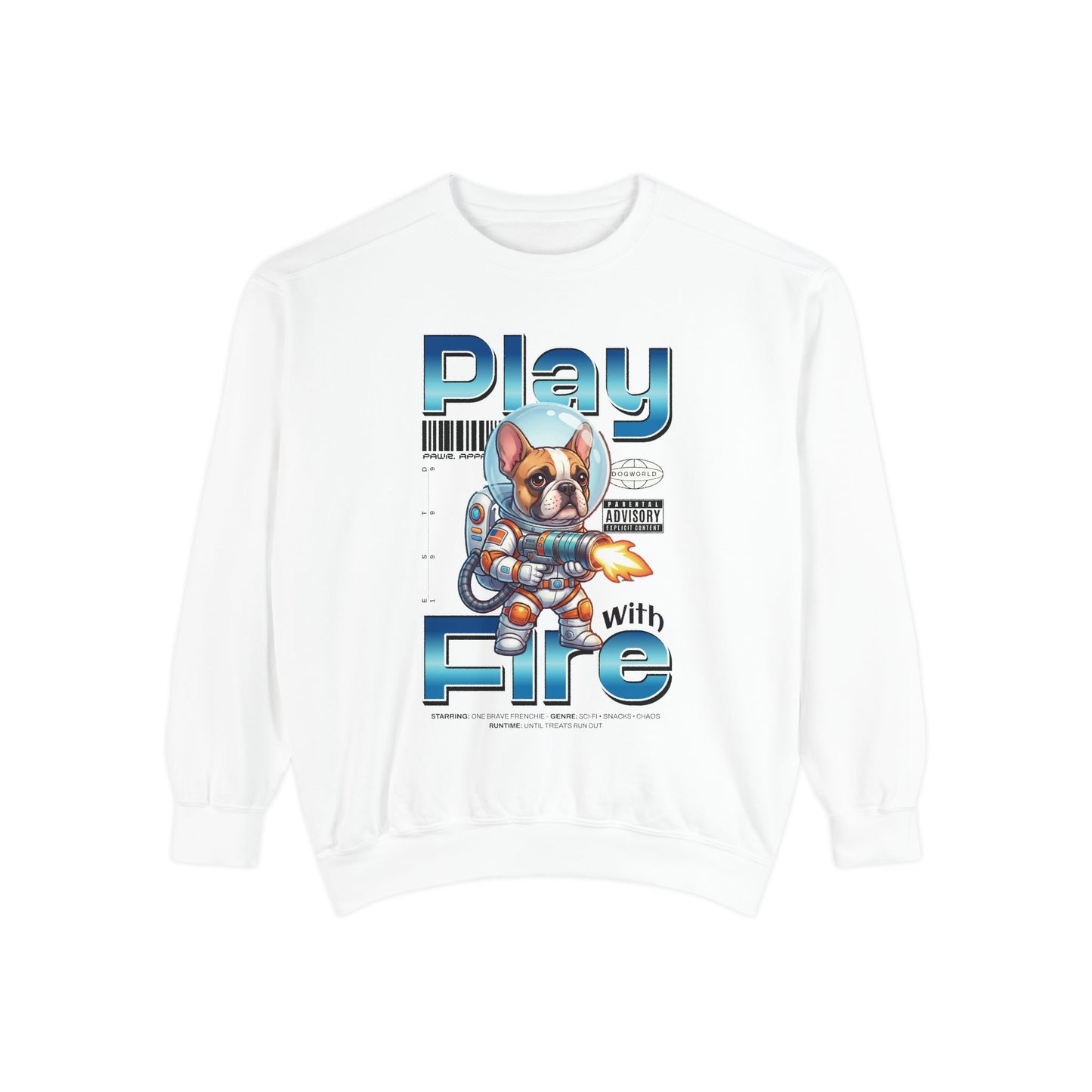 White sweatshirt with a graphic design of a dog and text 'Play with Fire' on a white background