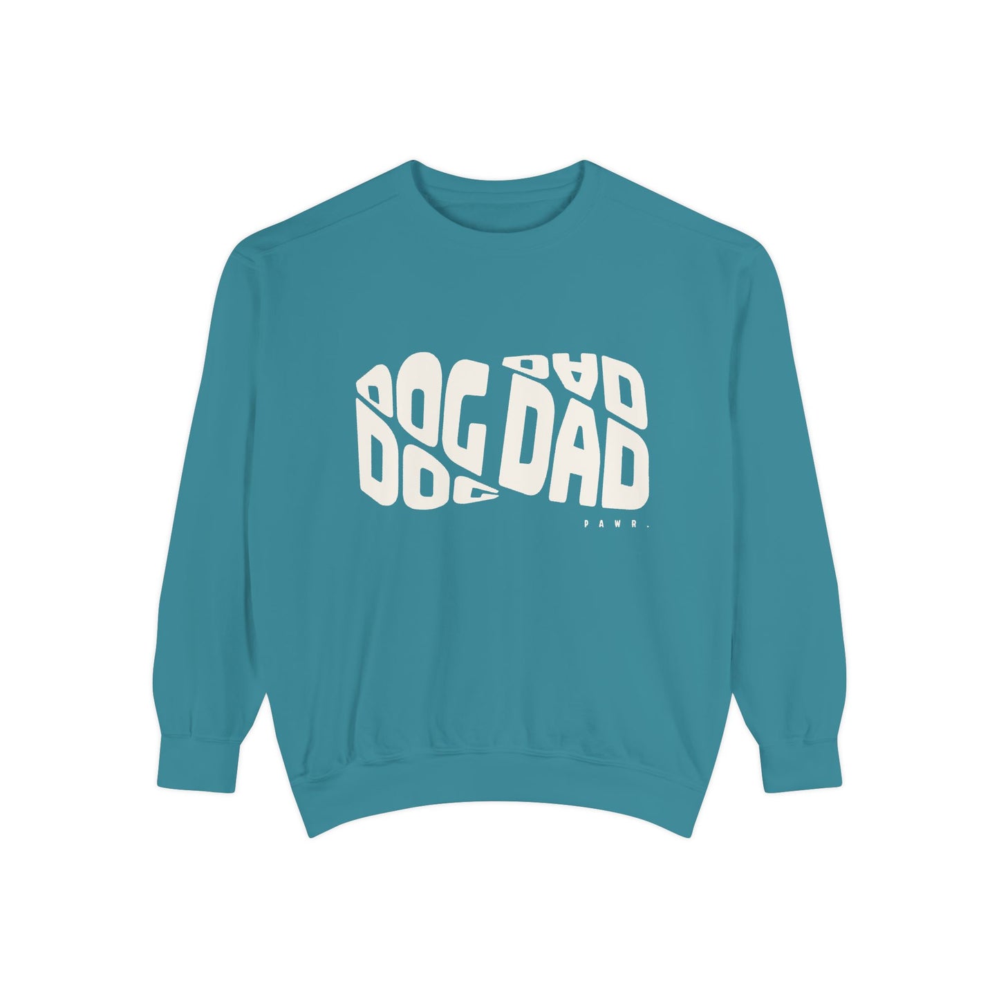 Teal sweatshirt with 'Dad Dog' text on a white background