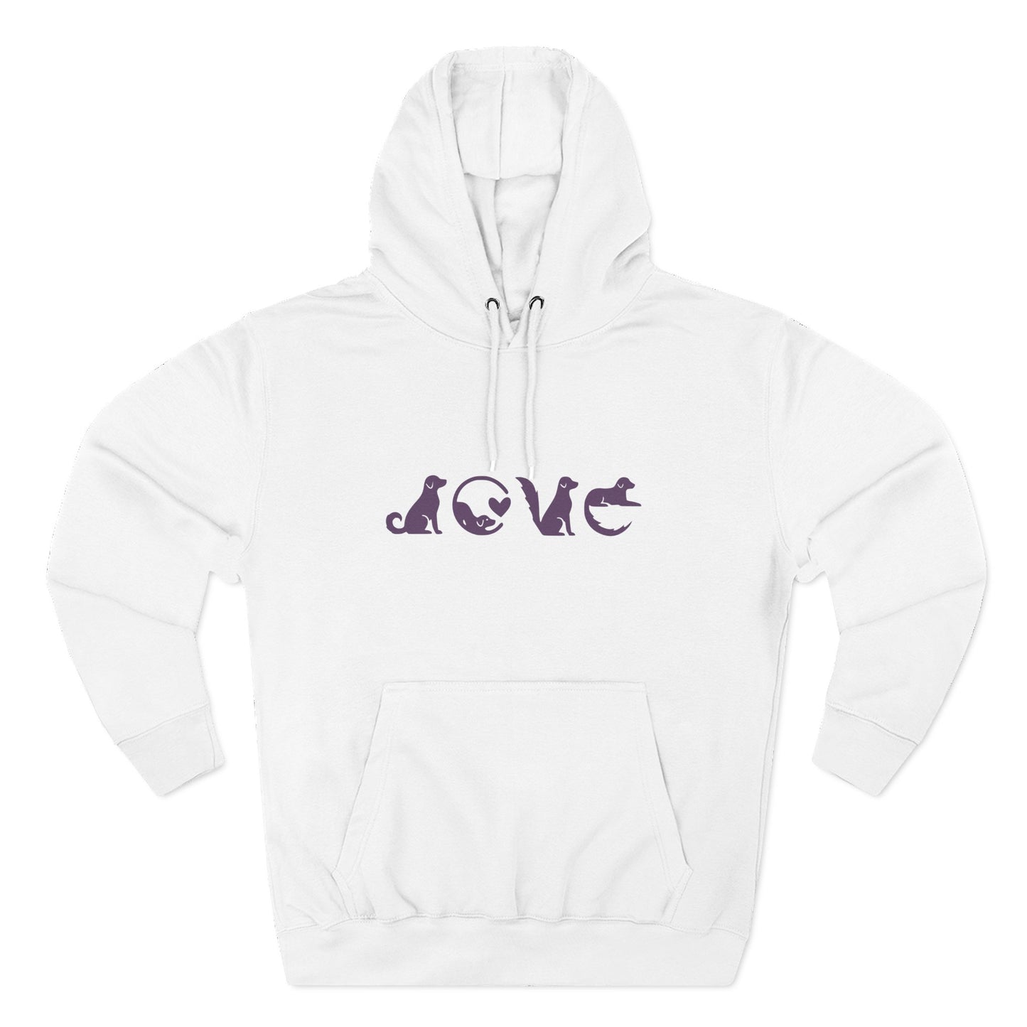 White hoodie with purple 'LOVE' design on a white background
