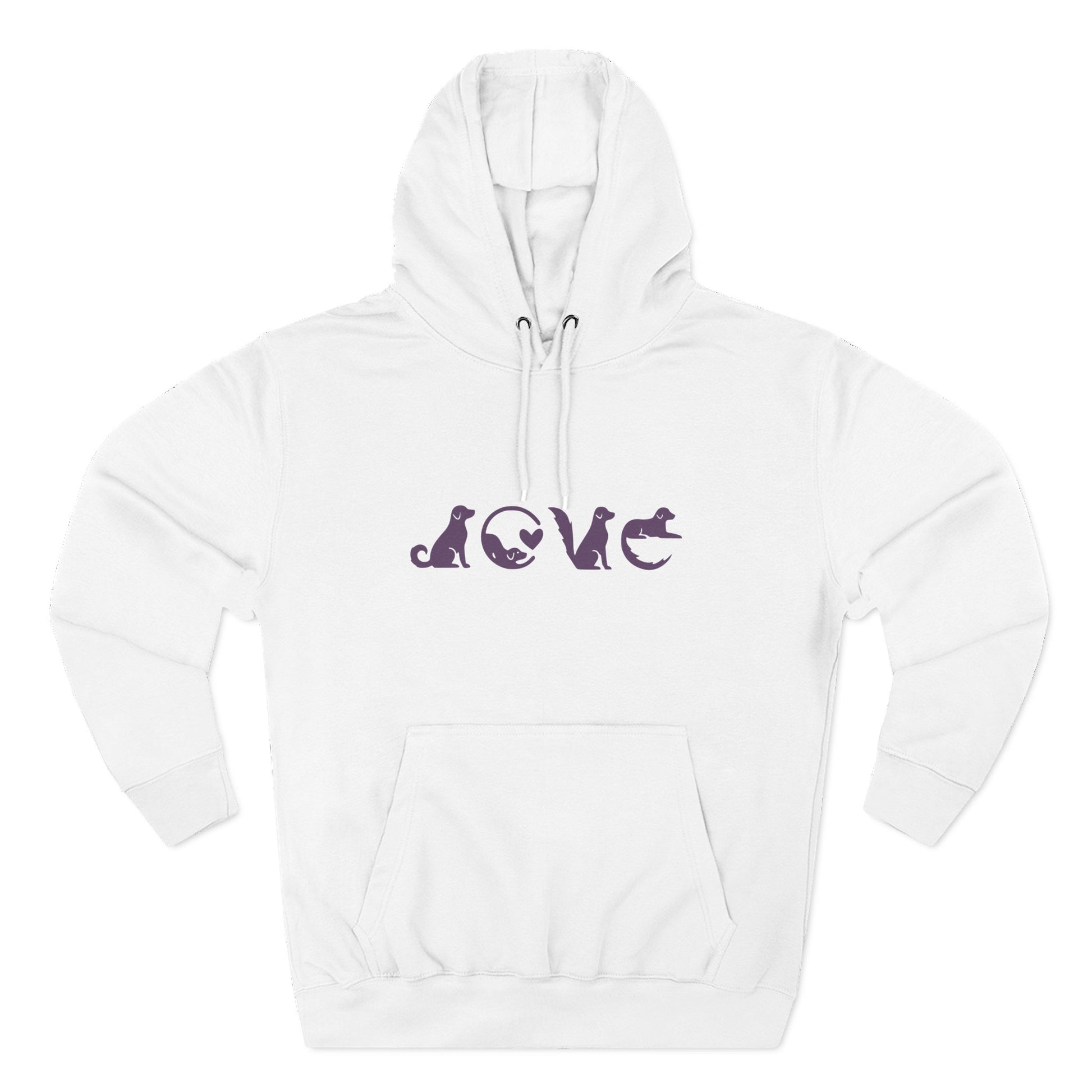 White hoodie with purple 'LOVE' design on a white background
