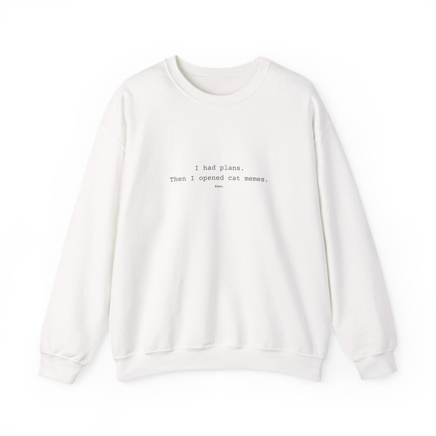 White sweatshirt with text cat meme on a white background