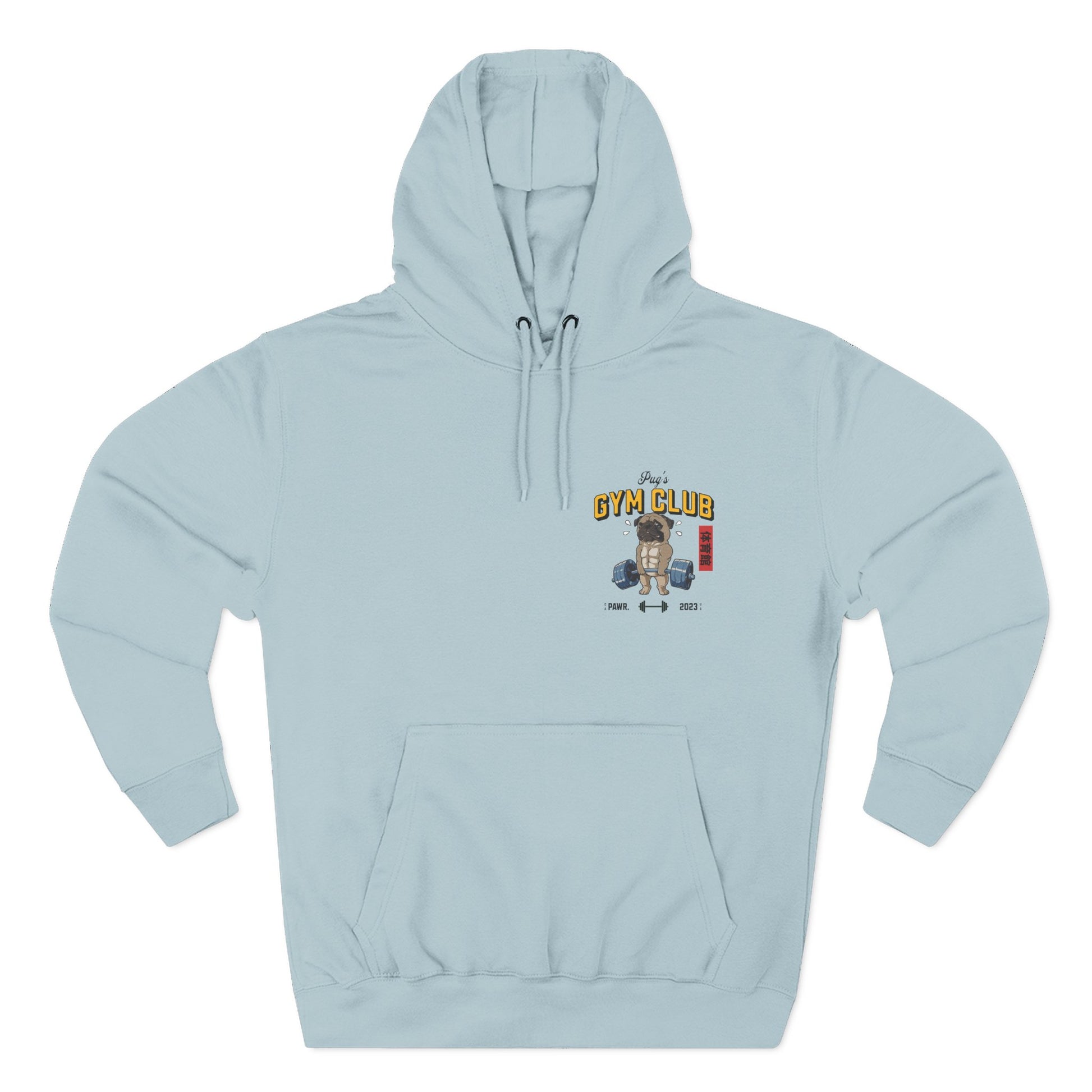 Light blue hoodie with 'Gym Club' graphic on a white background