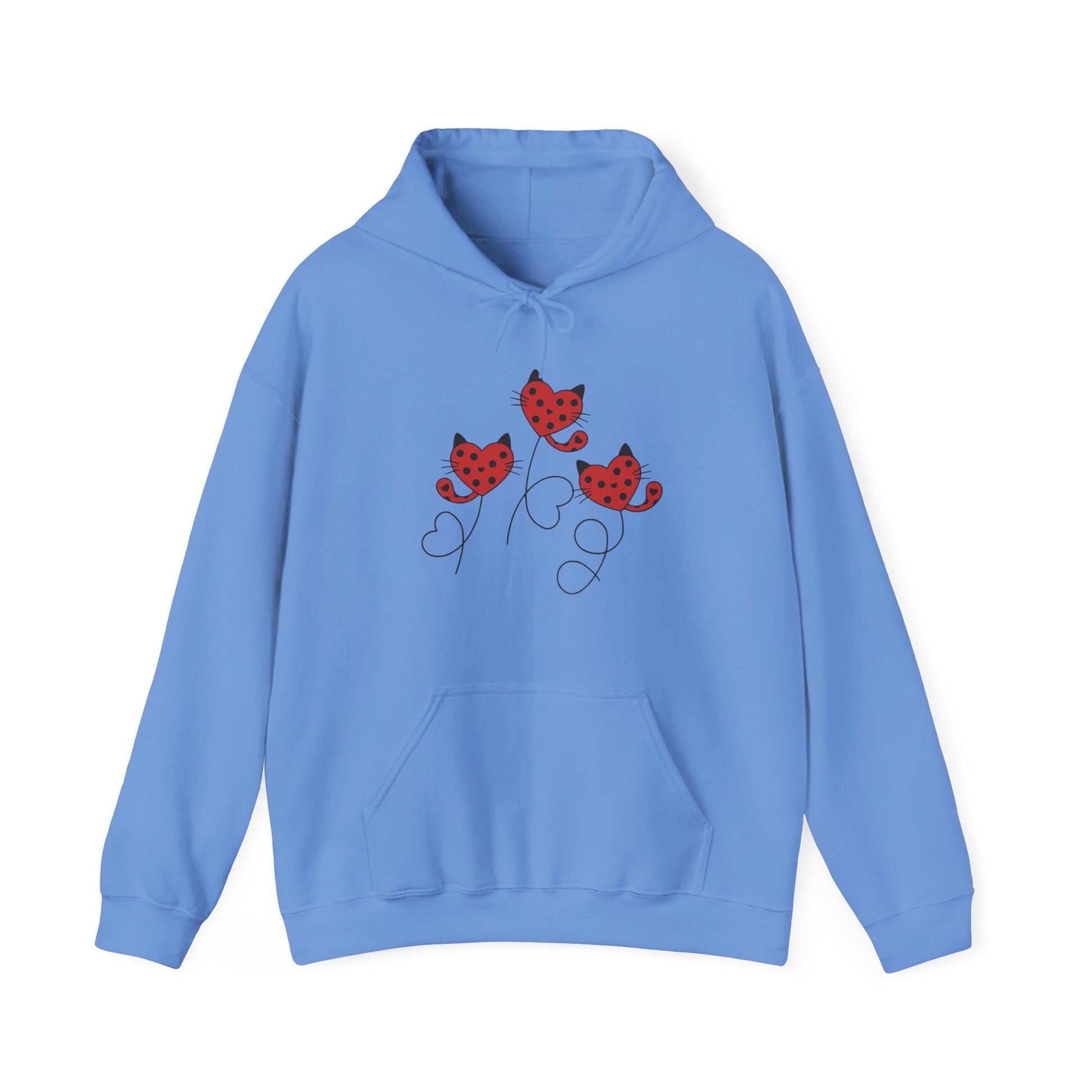 Blue hoodie with red and black cat design on a white background