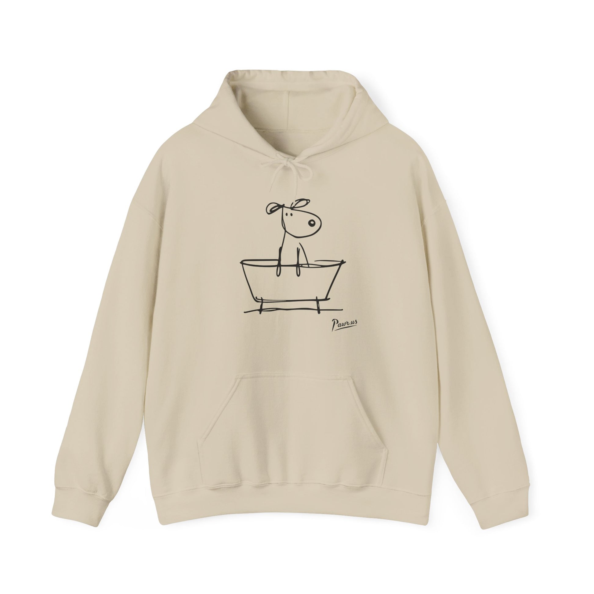Beige hoodie with a black line drawing of a dog in a bathtub on a white background