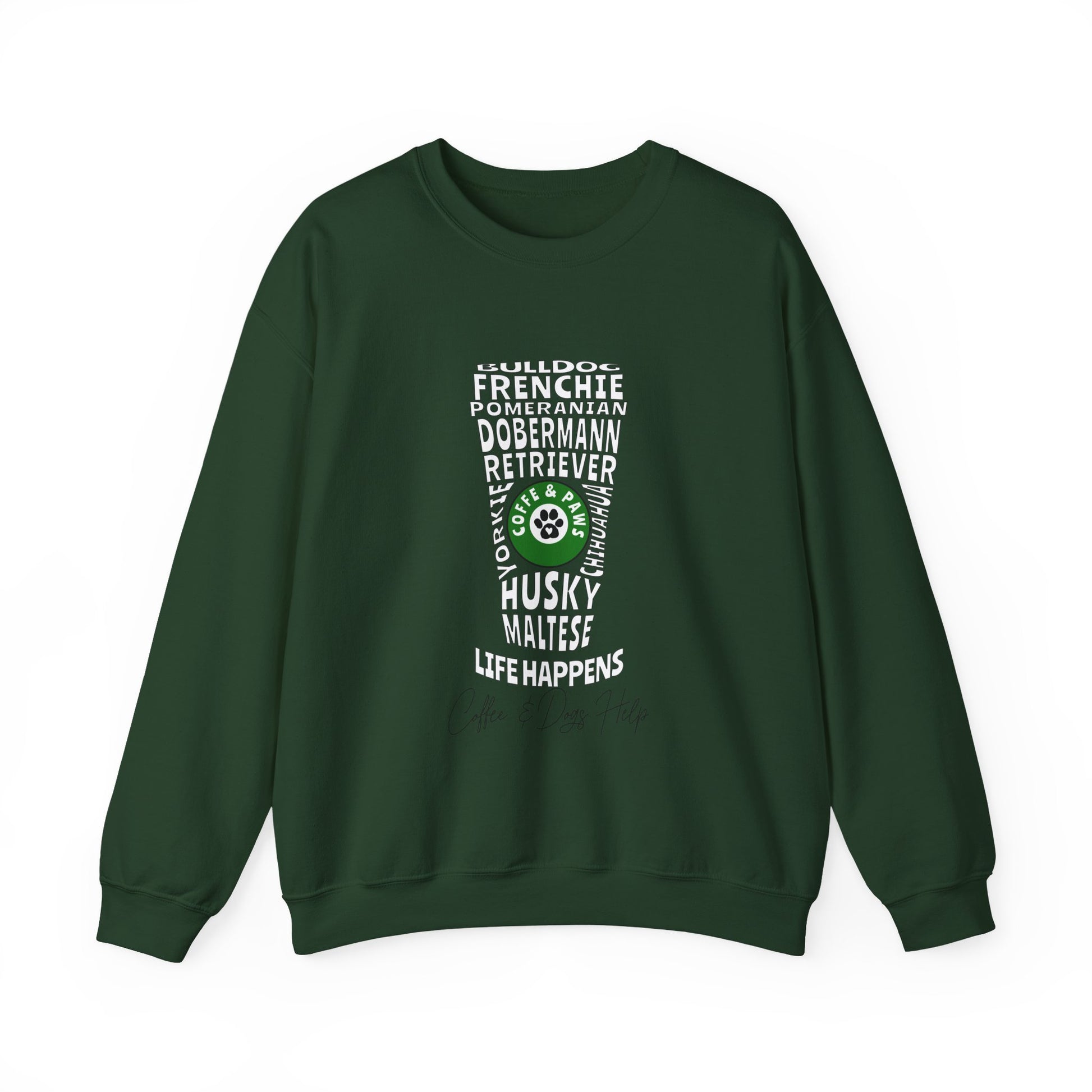 Green sweatshirt with white text dog names and graphics on a white background