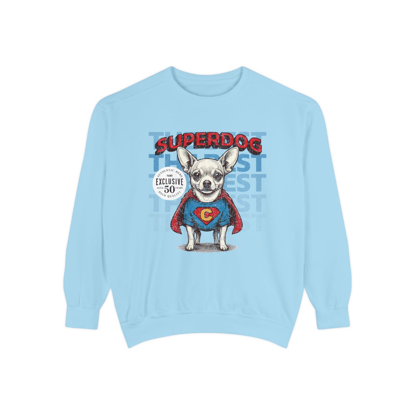 Light blue sweatshirt with a dog in a superhero costume graphic on a white background