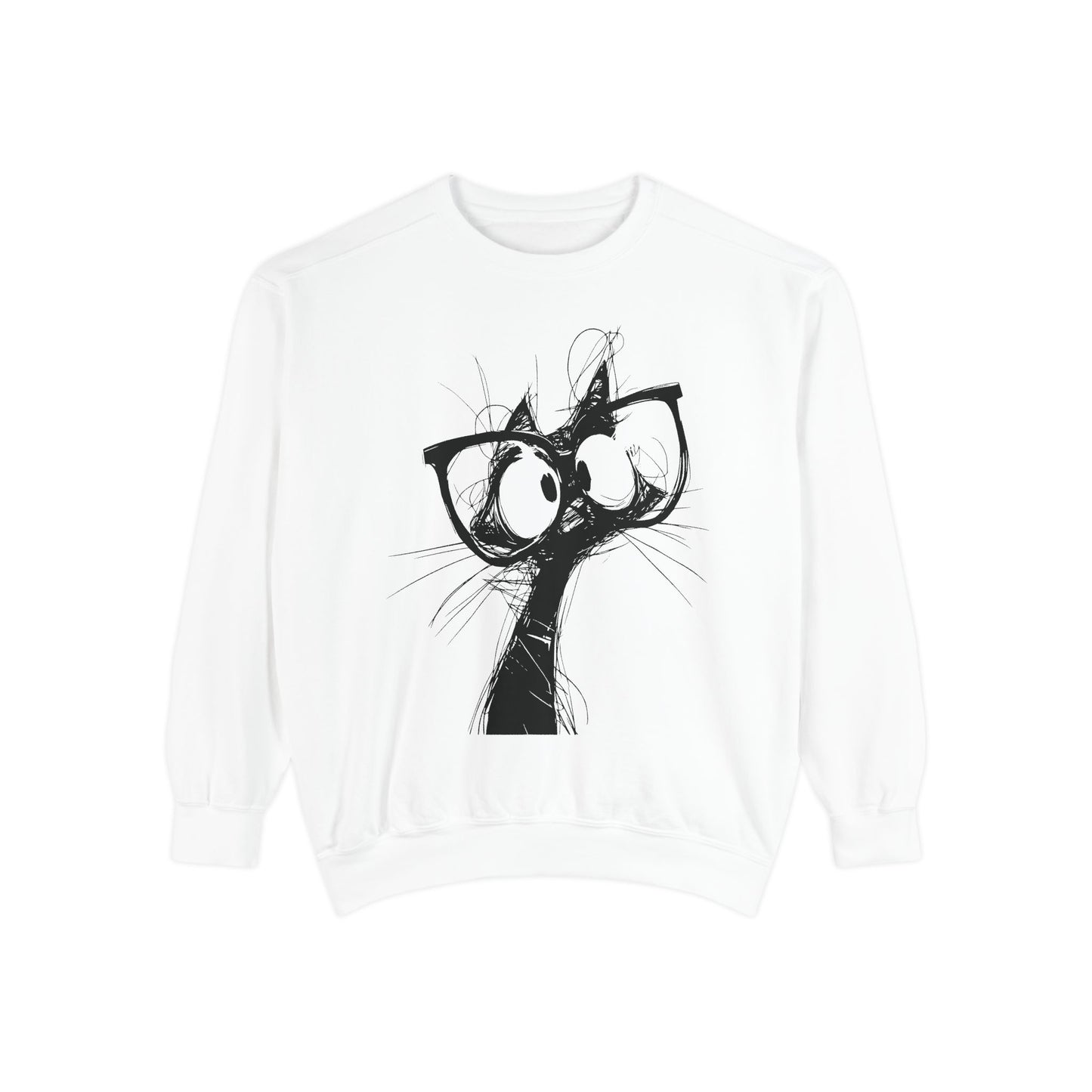 White sweatshirt with a black cat graphic on a white background