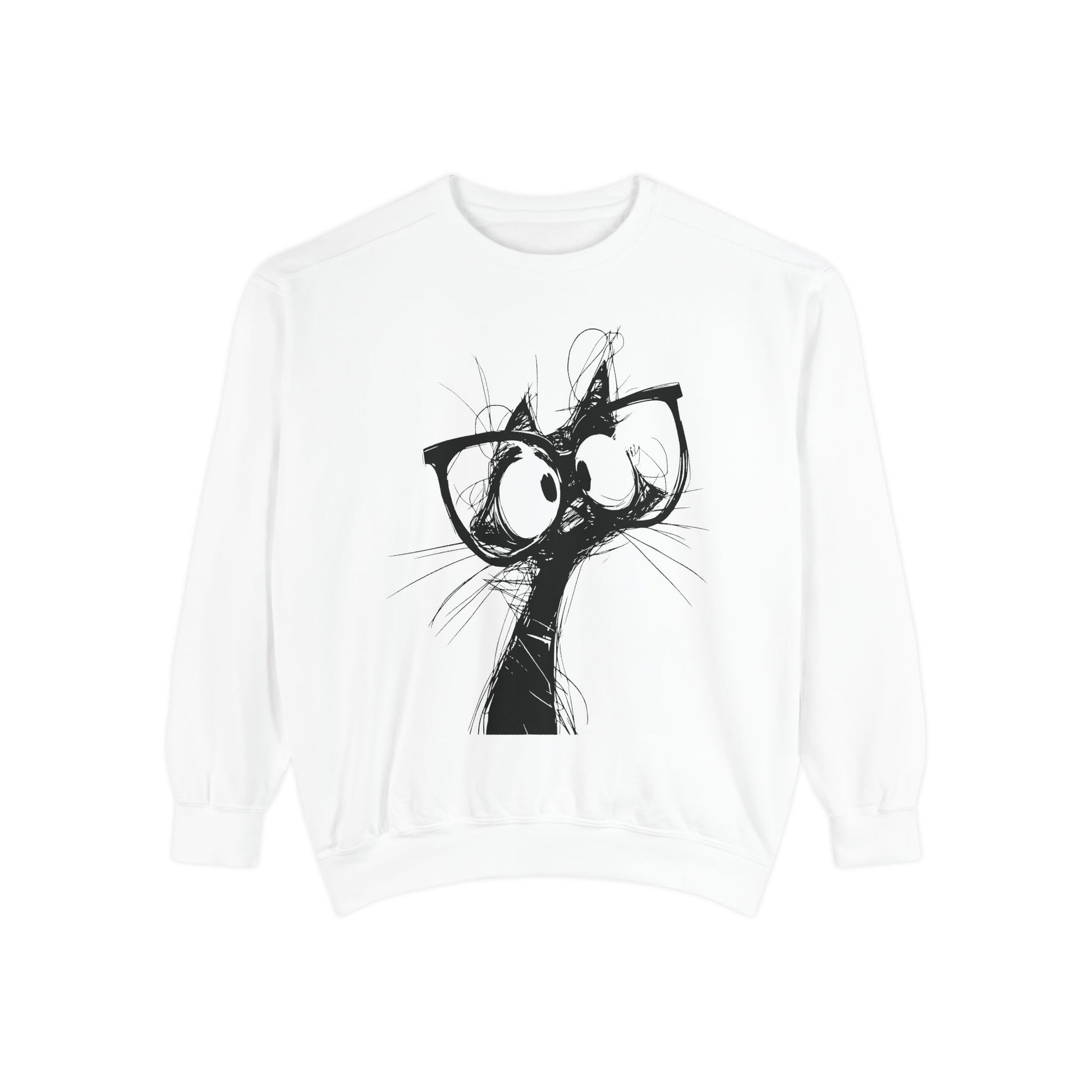 White sweatshirt with a black cat graphic on a white background