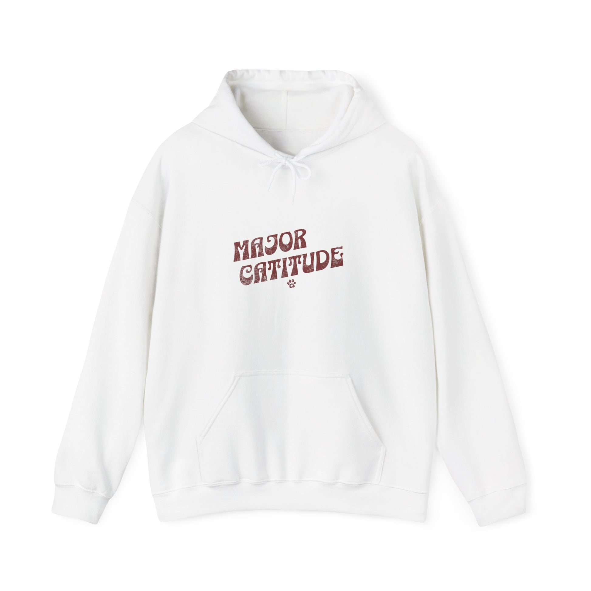 White hoodie with 'Major catitude' text on a white background