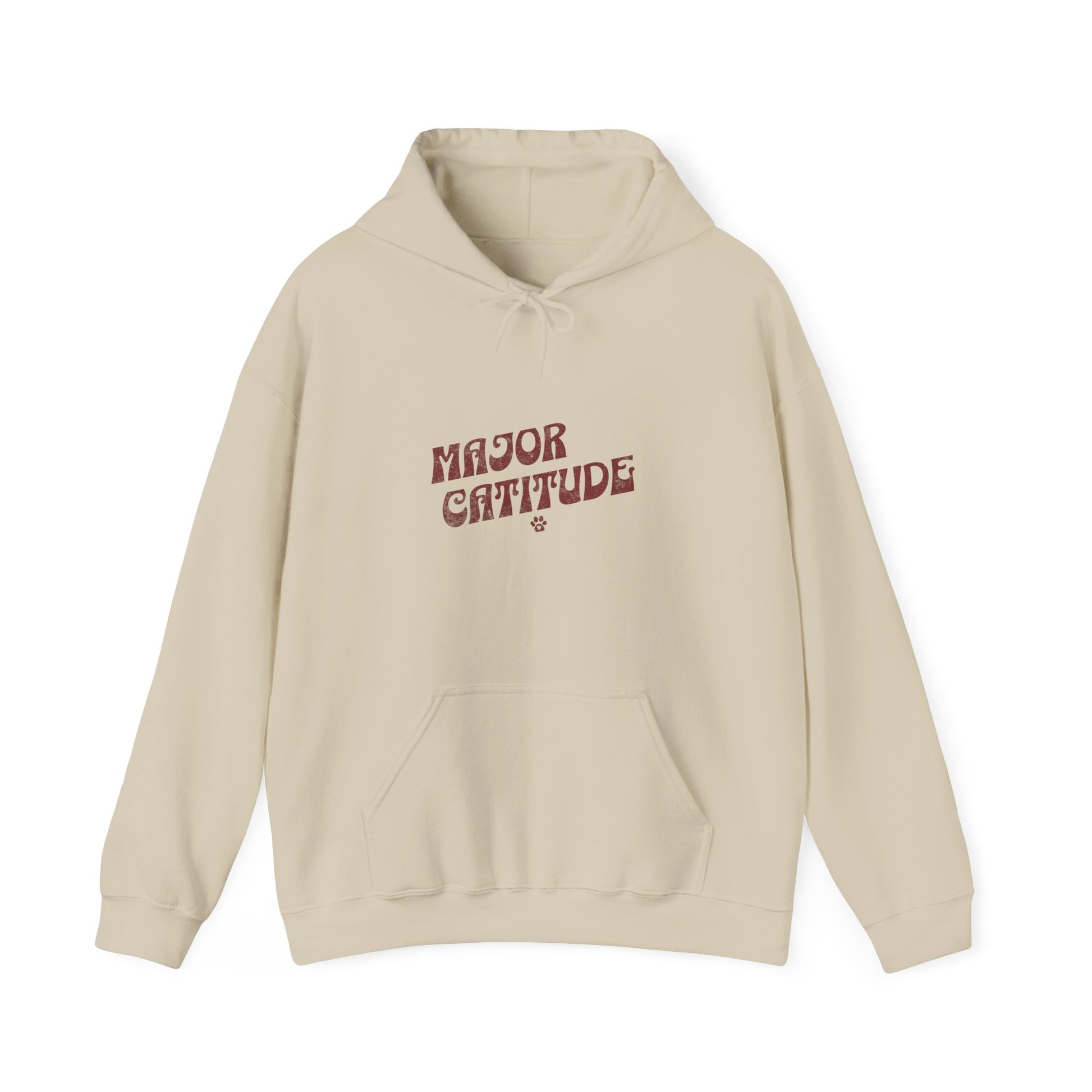 Beige hoodie with 'Major Catitude' text on a white background