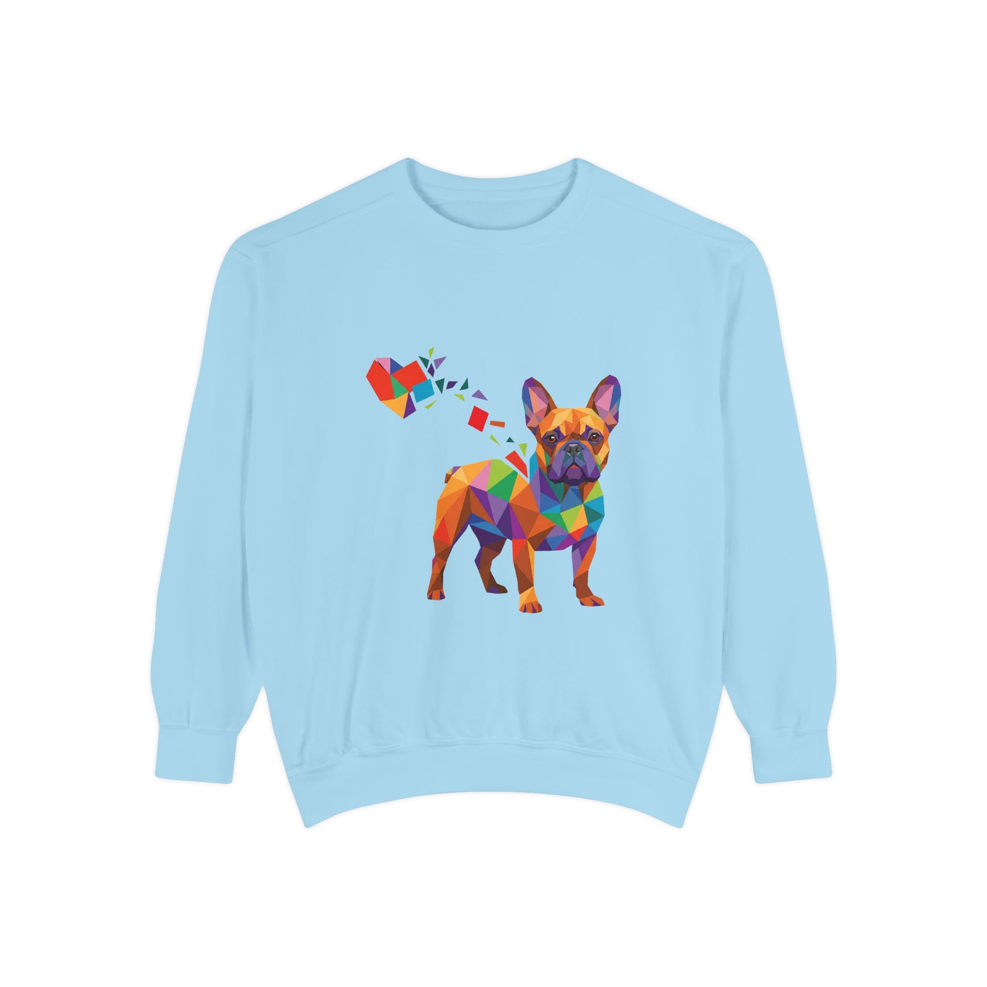 Light blue sweatshirt with a colorful dog design on a white background